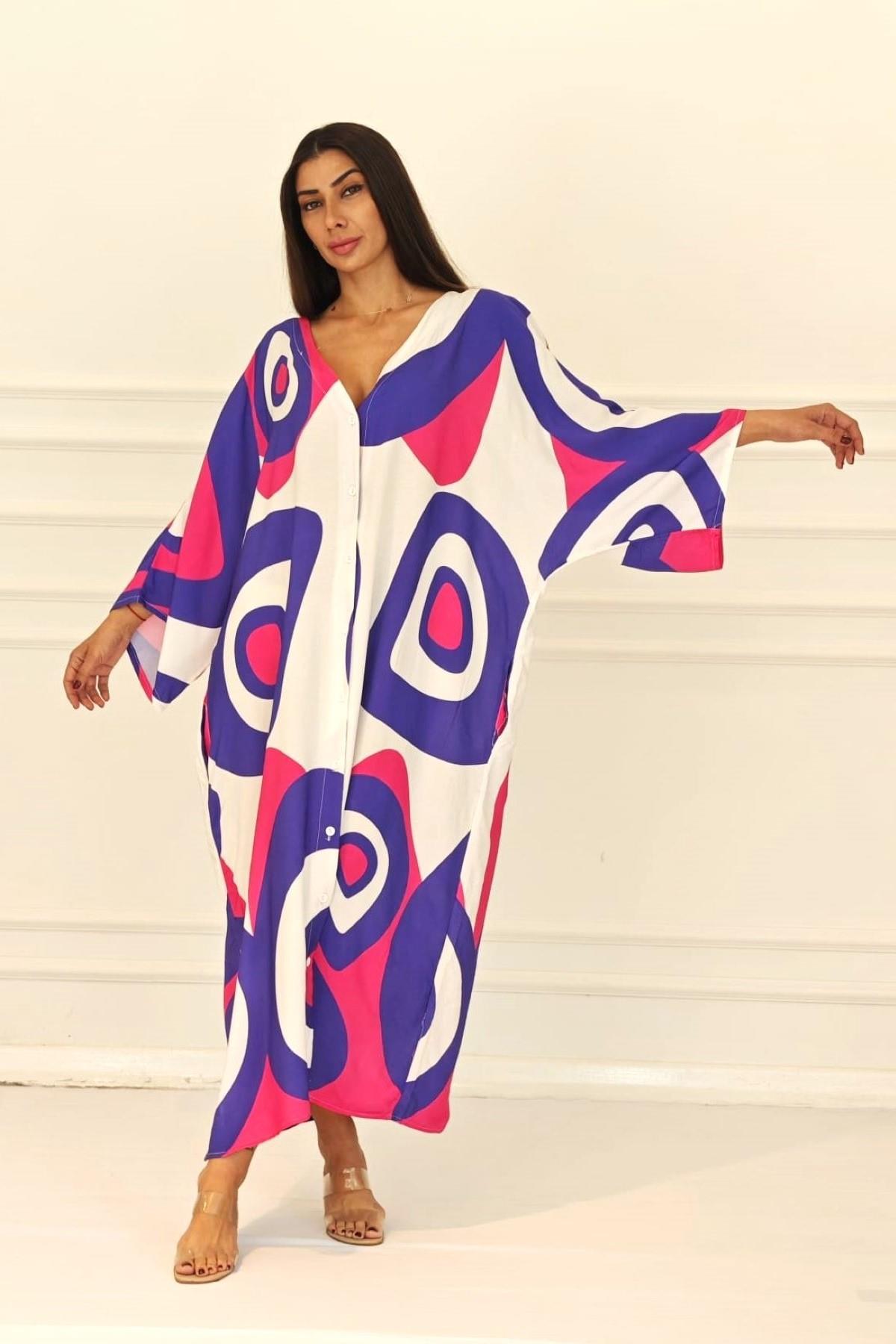 Fuşya Desenli Sırtı Göz Baskılı Cepli Oversize Uzun Gömlek Elbise