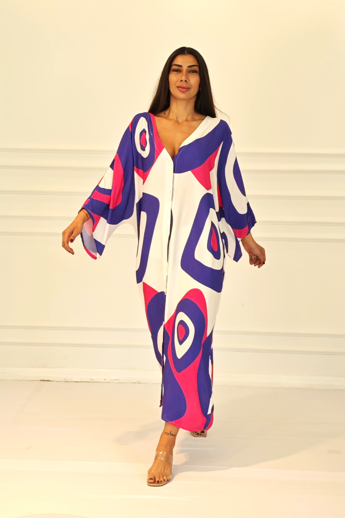 Fuşya Desenli Sırtı Göz Baskılı Cepli Oversize Uzun Gömlek Elbise