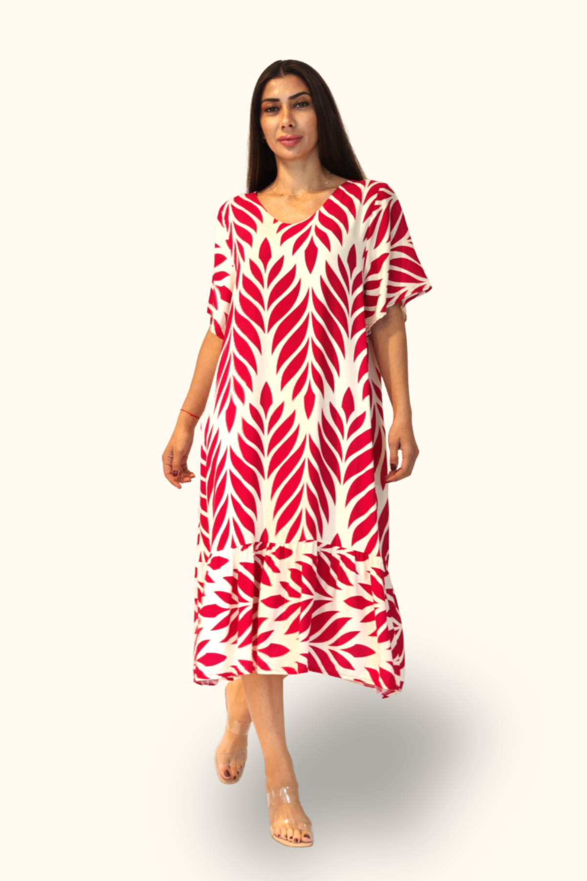 Fuşya Desenli V Yaka Cepli Etekleri Fırıfırlı Midi Elbise