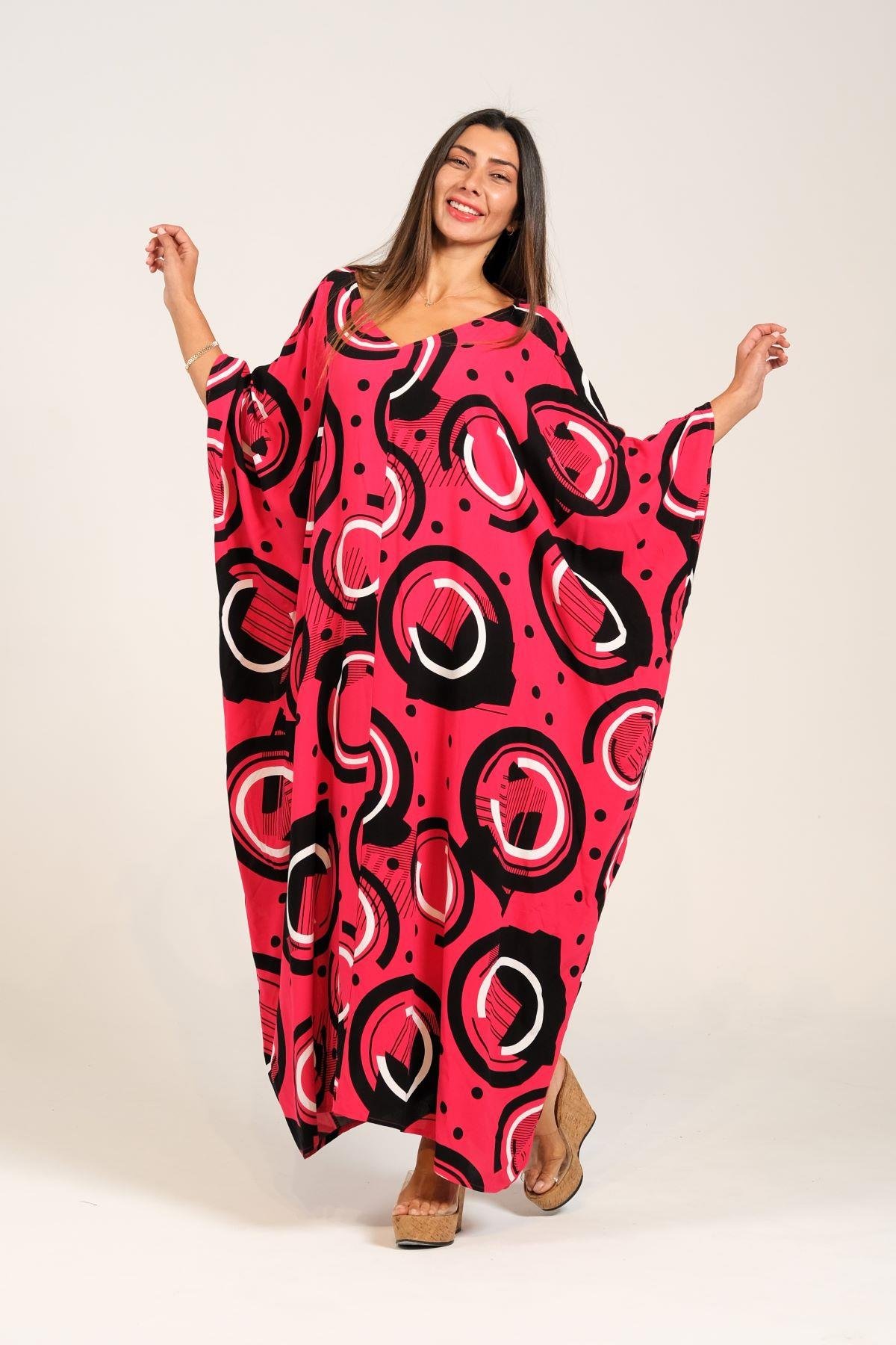 Fuşya Desenli V Yaka Yarasa Kollu Sırt Detaylı Oversize Uzun Elbise