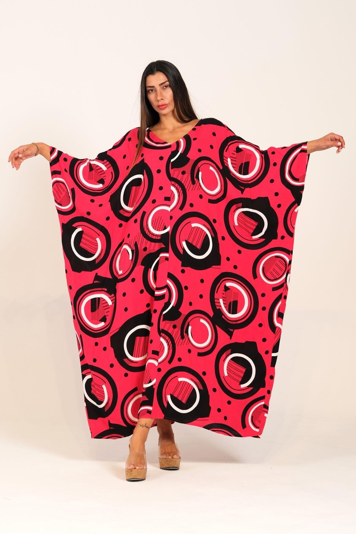 Fuşya Desenli V Yaka Yarasa Kollu Sırt Detaylı Oversize Uzun Elbise