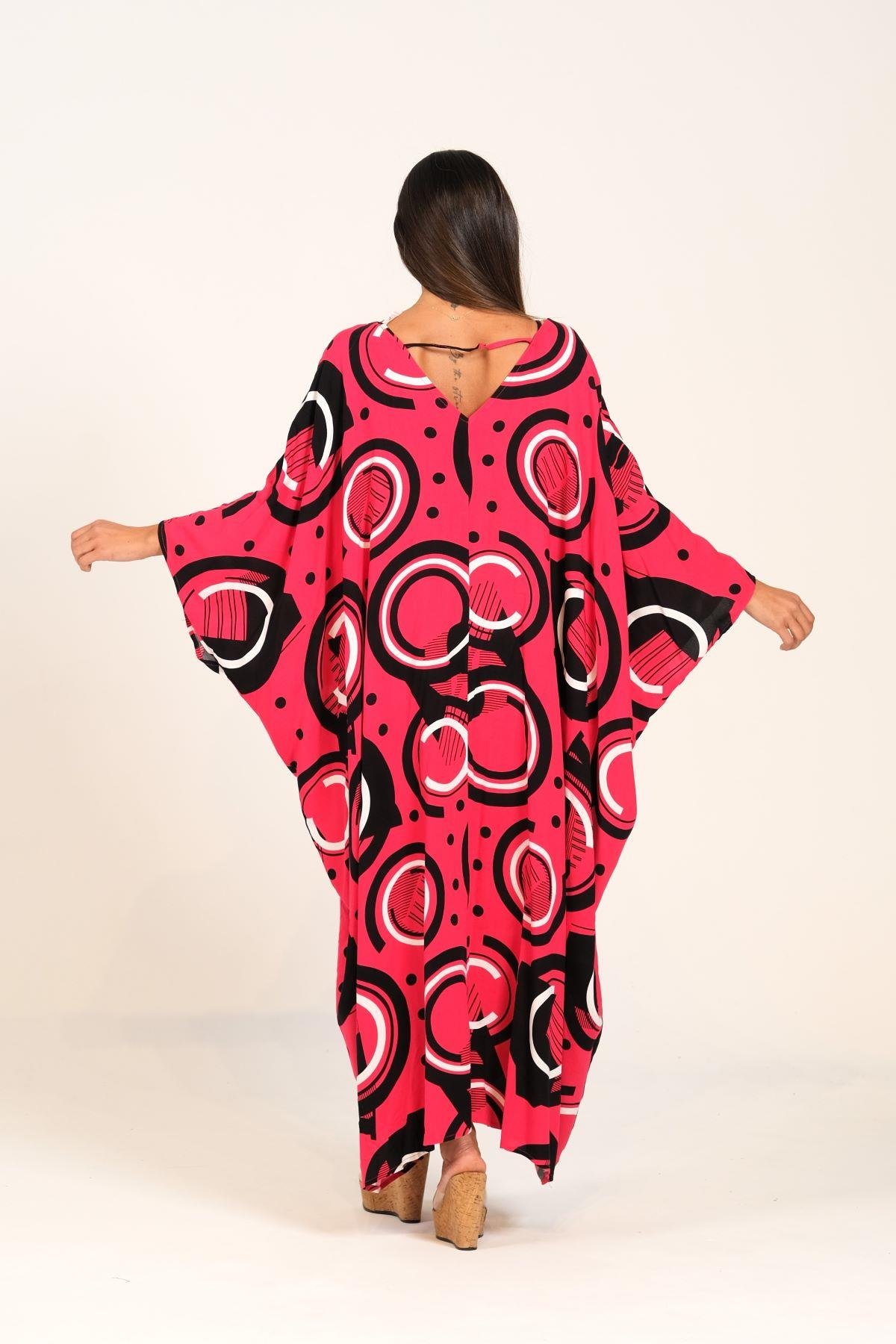 Fuşya Desenli V Yaka Yarasa Kollu Sırt Detaylı Oversize Uzun Elbise