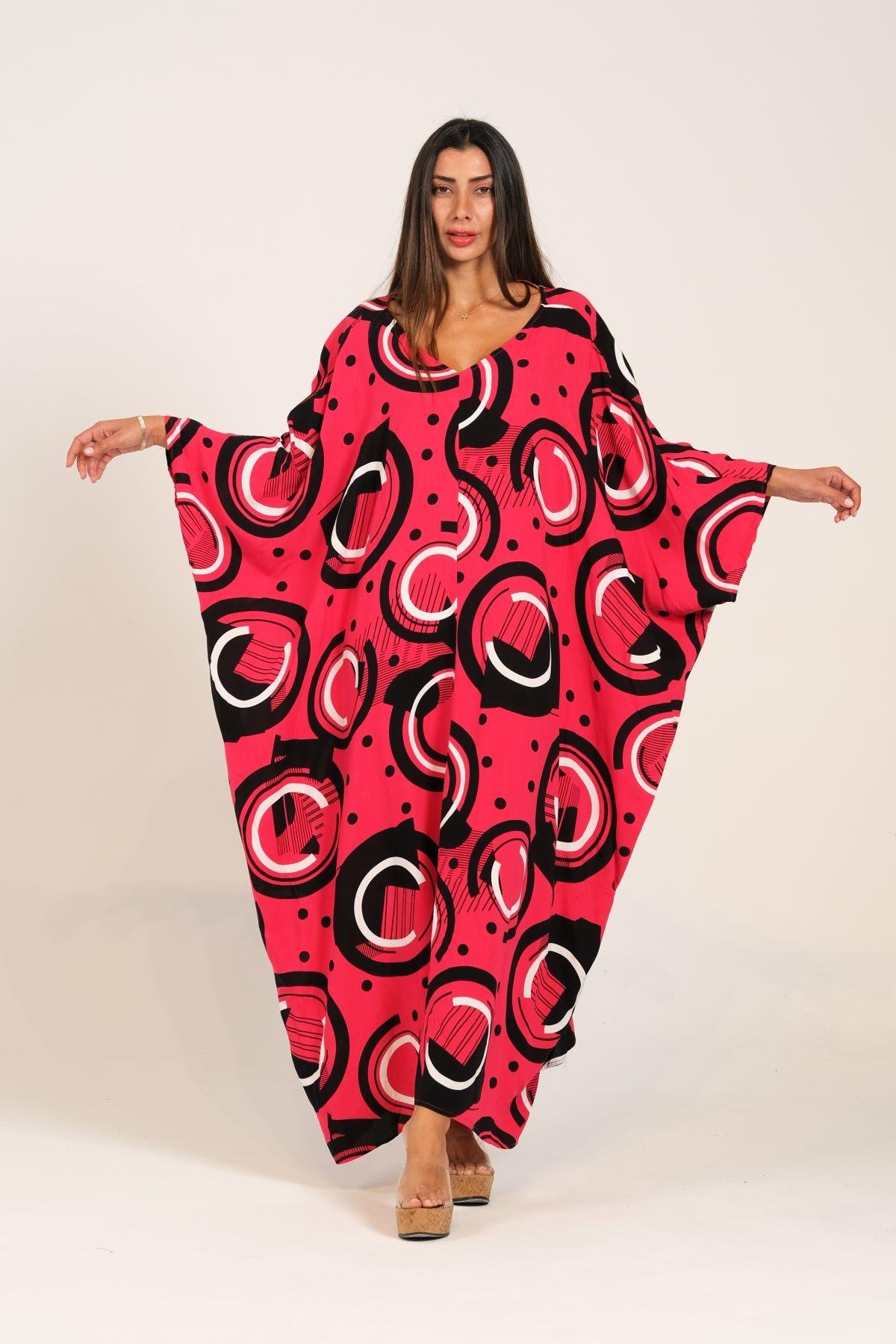 Fuşya Desenli V Yaka Yarasa Kollu Sırt Detaylı Oversize Uzun Elbise