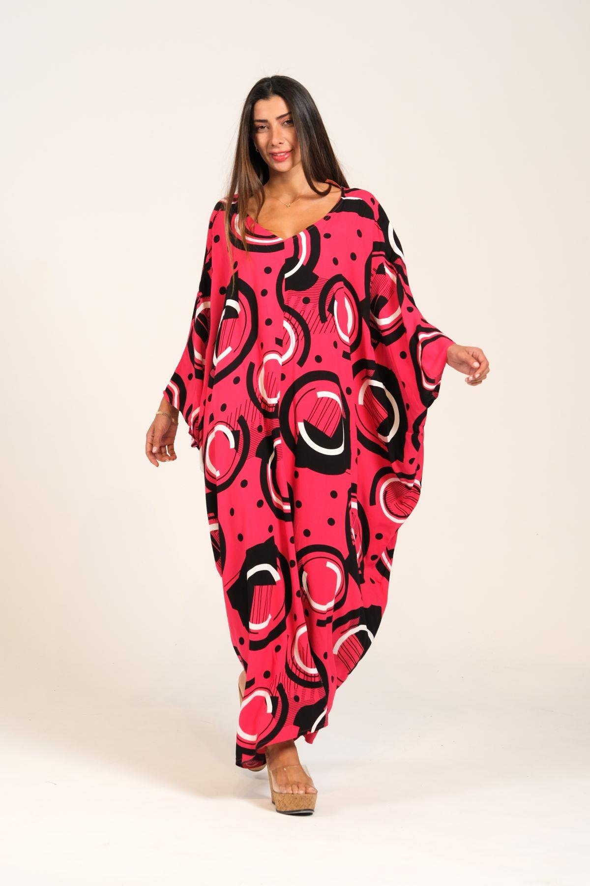 Fuşya Desenli V Yaka Yarasa Kollu Sırt Detaylı Oversize Uzun Elbise