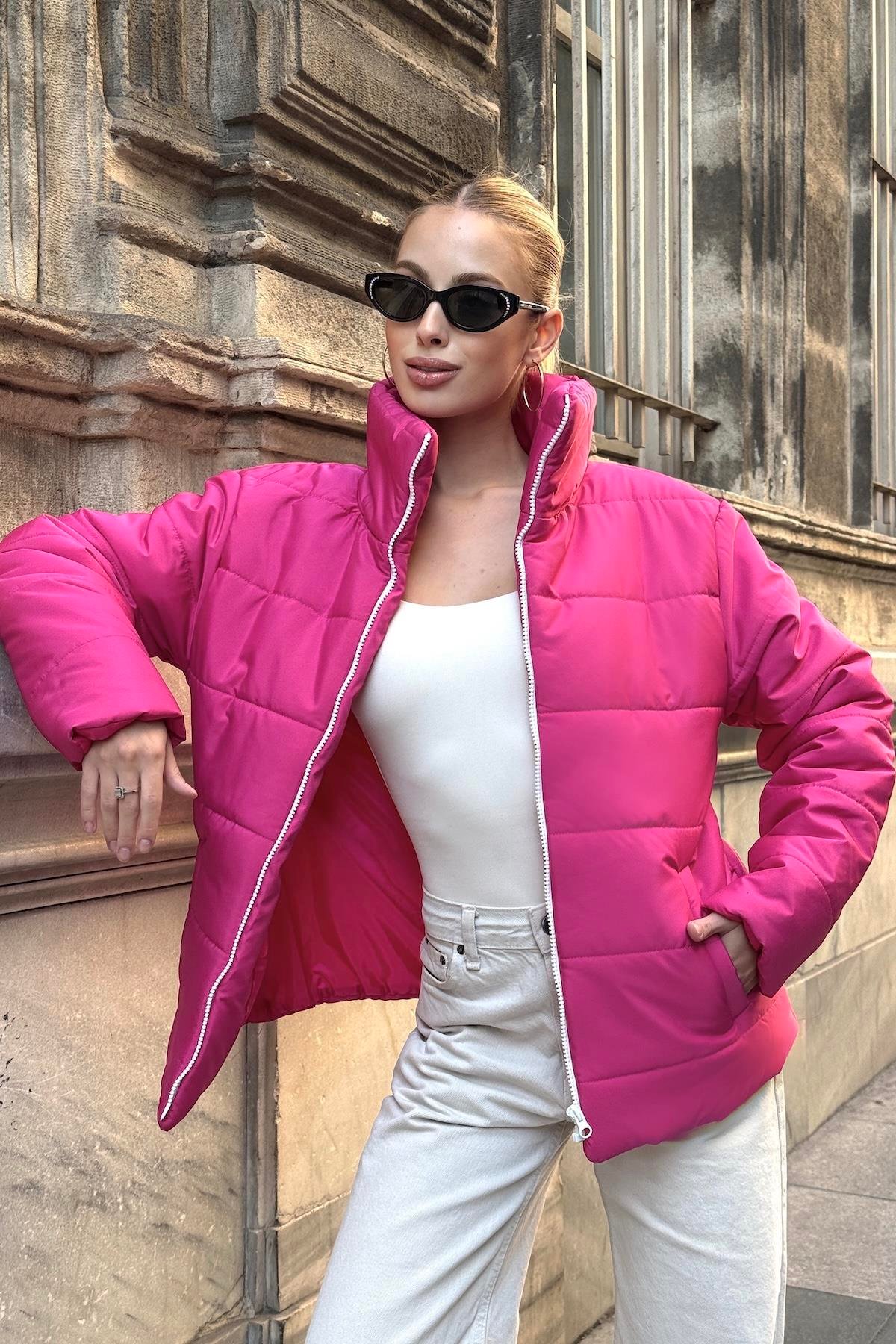معطف فوشيا بياقة مستقيمة مقاوم للماء بتصميم قابل للنفخ