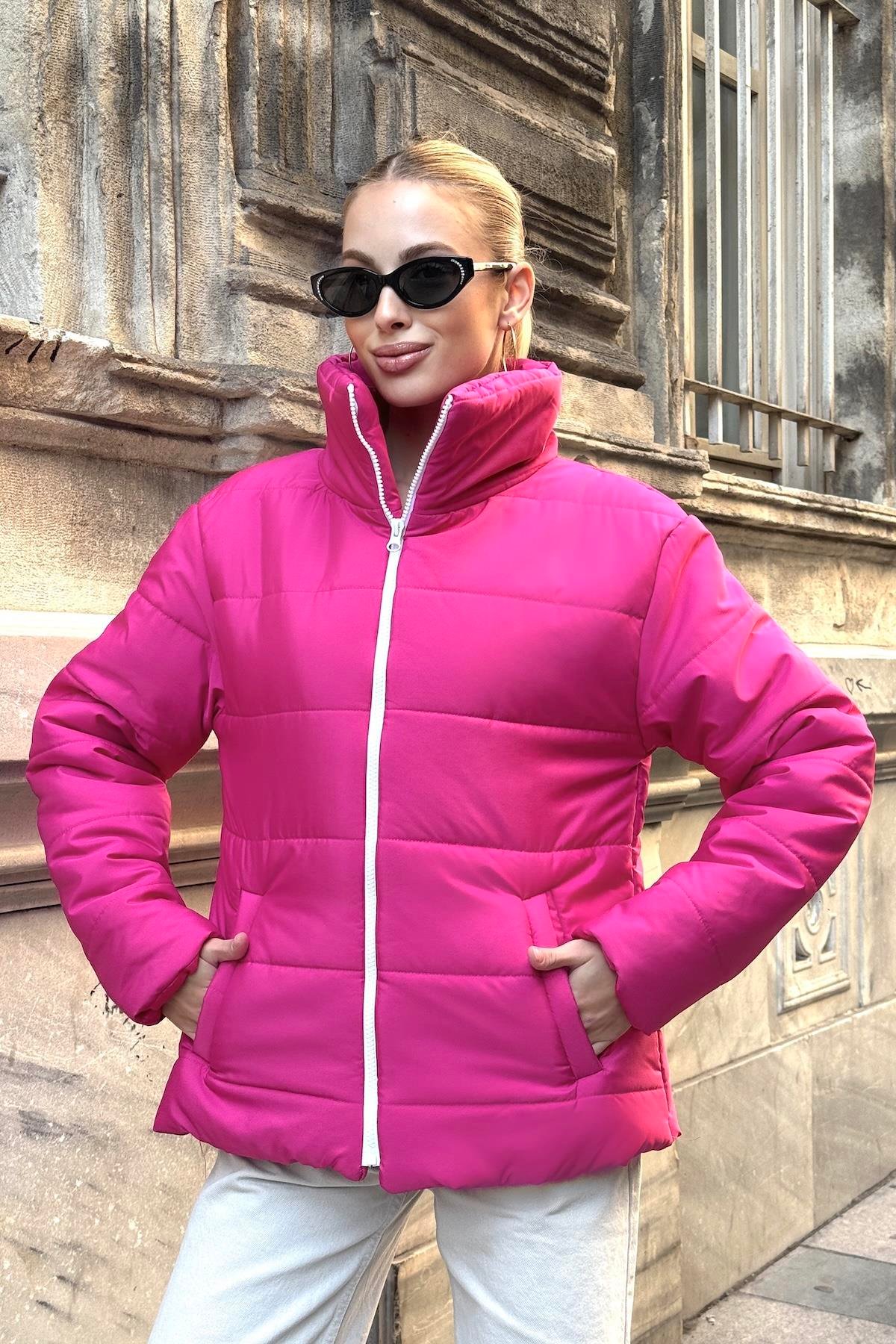معطف فوشيا بياقة مستقيمة مقاوم للماء بتصميم قابل للنفخ