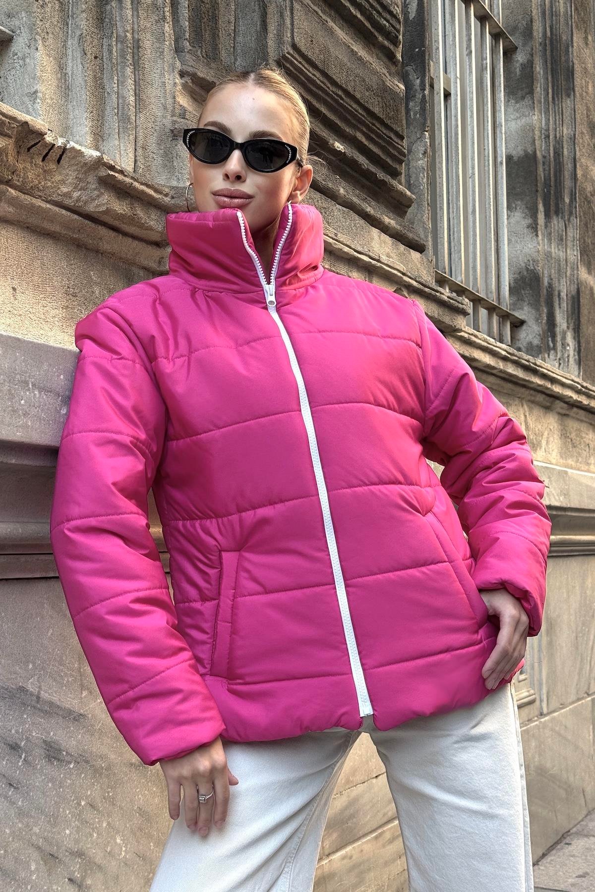 معطف فوشيا بياقة مستقيمة مقاوم للماء بتصميم قابل للنفخ