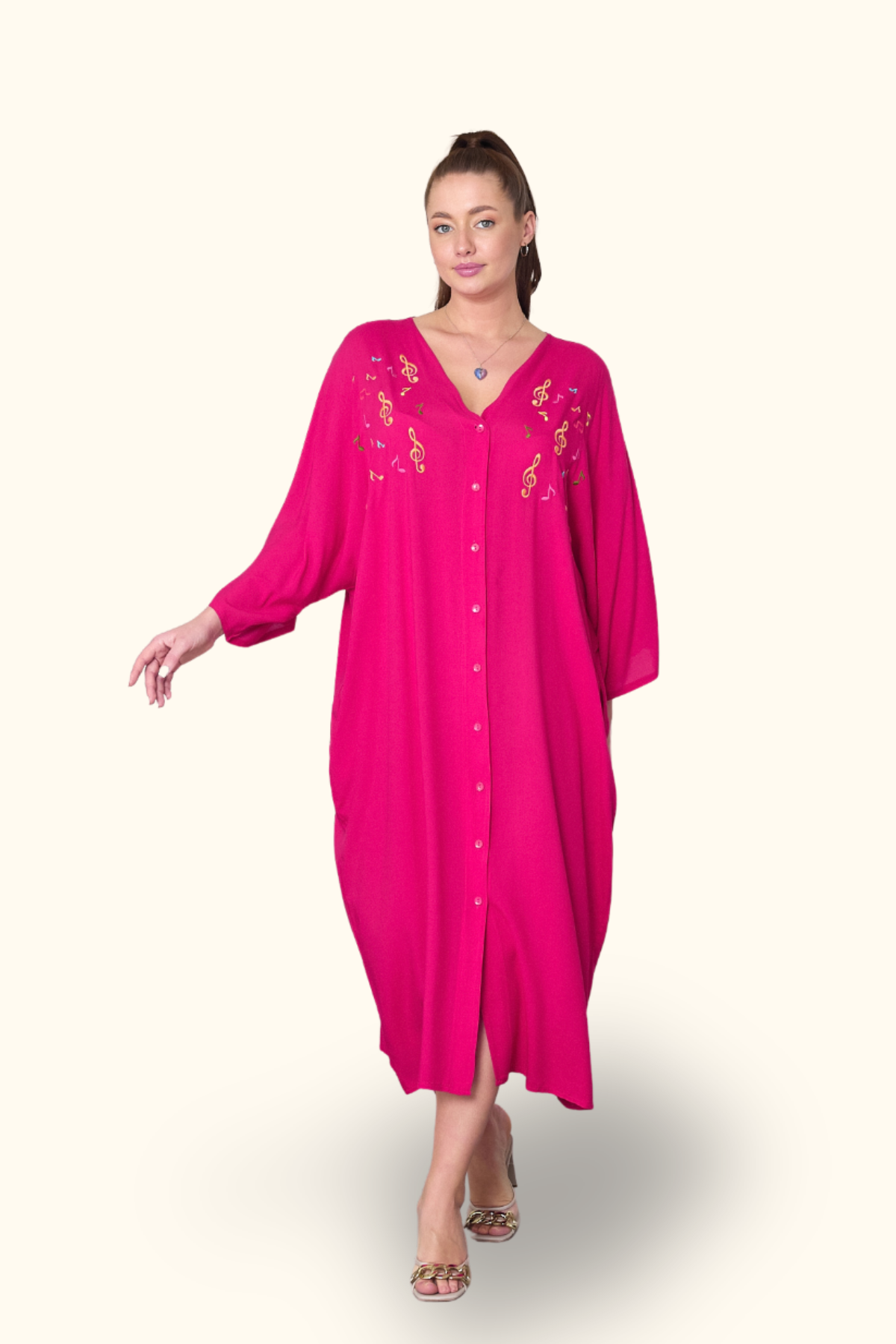 Fuşya V Yaka Önü Nota Nakışlı Cepli Oversize Uzun Gömlek Elbise