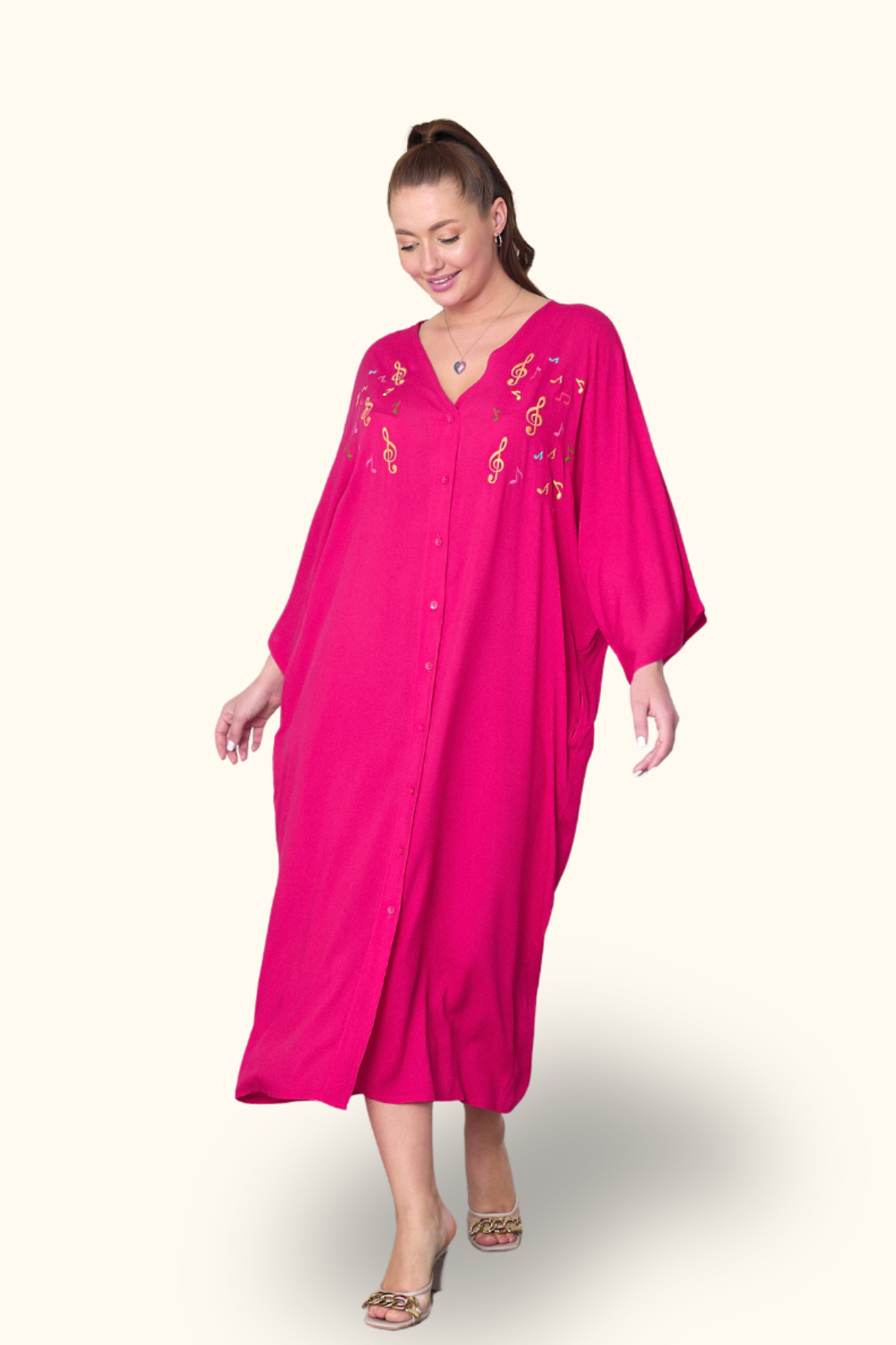 Fuşya V Yaka Önü Nota Nakışlı Cepli Oversize Uzun Gömlek Elbise