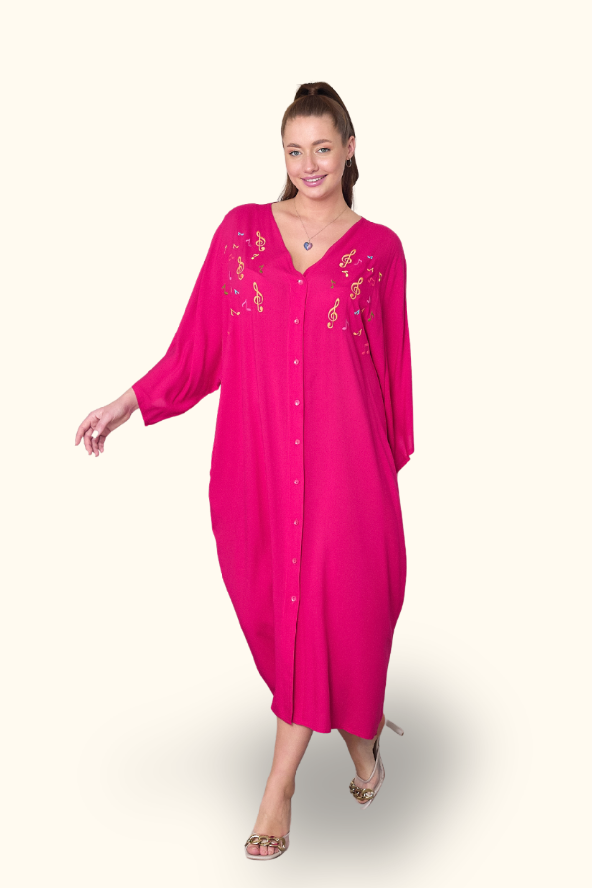 Fuşya V Yaka Önü Nota Nakışlı Cepli Oversize Uzun Gömlek Elbise