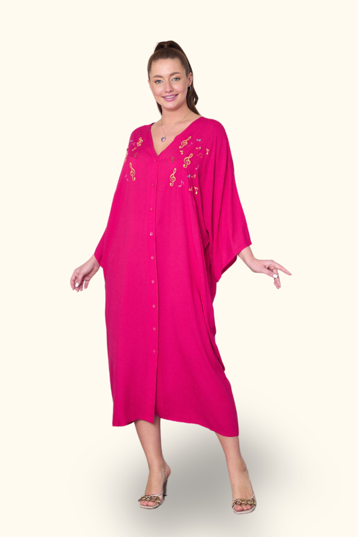 Fuşya V Yaka Önü Nota Nakışlı Cepli Oversize Uzun Gömlek Elbise