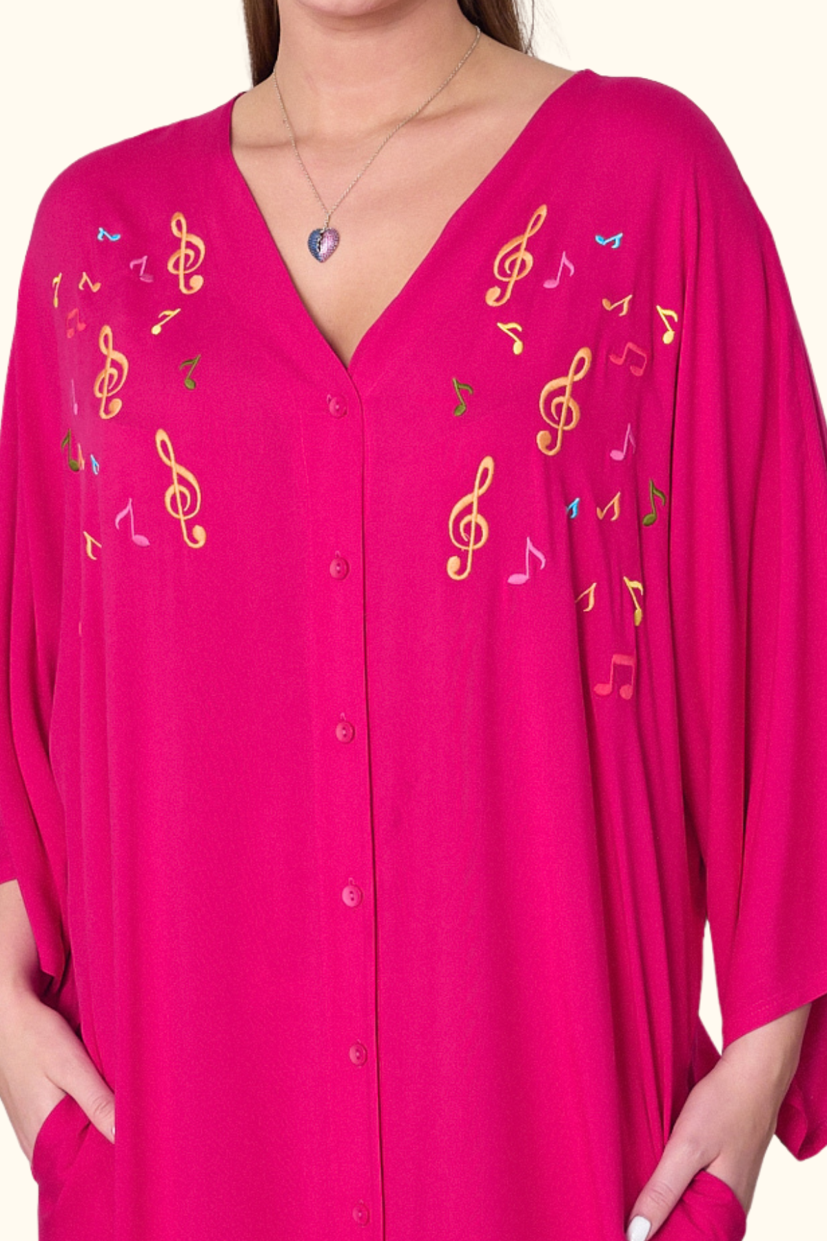 Fuşya V Yaka Önü Nota Nakışlı Cepli Oversize Uzun Gömlek Elbise