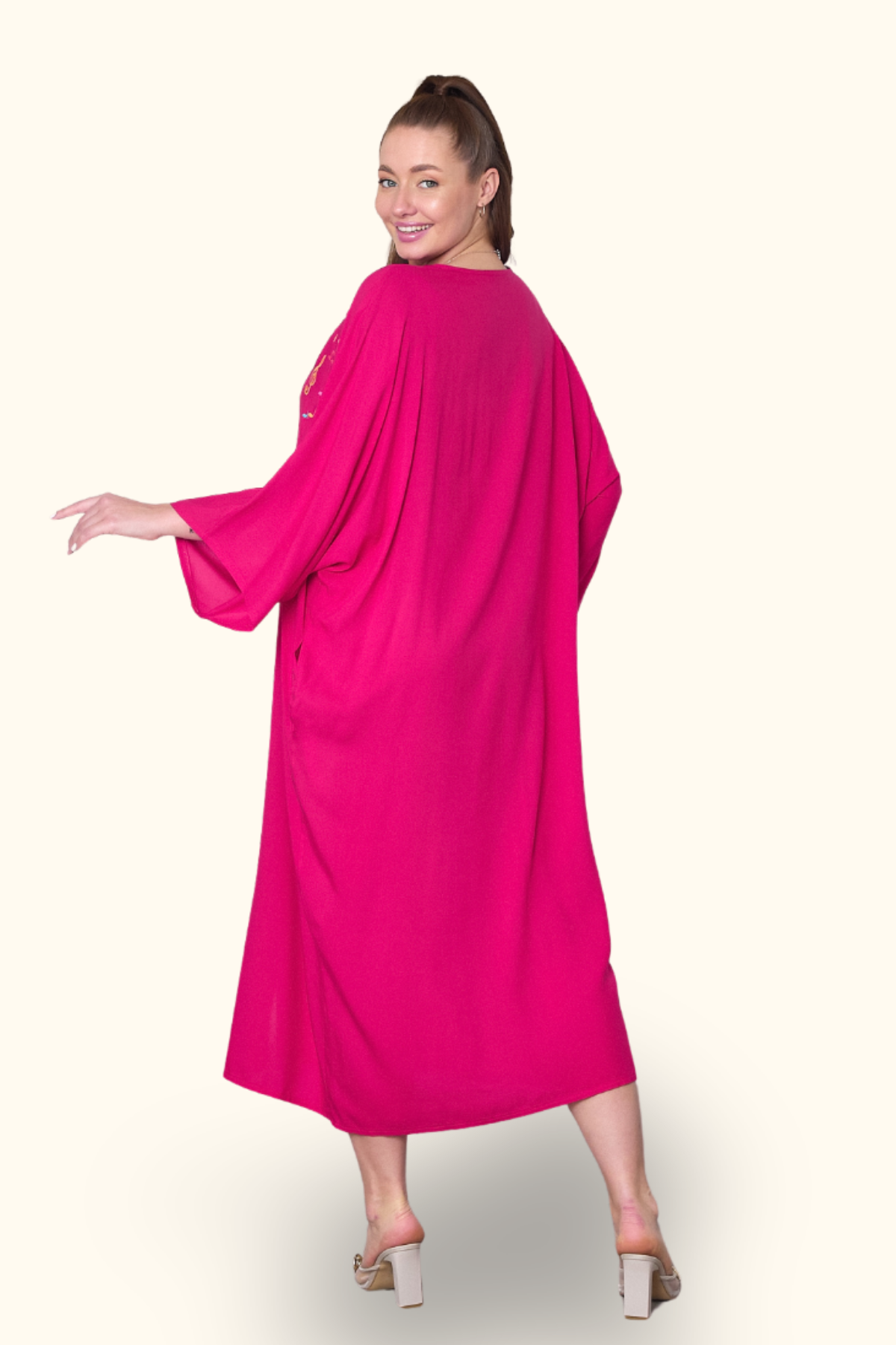 Fuşya V Yaka Önü Nota Nakışlı Cepli Oversize Uzun Gömlek Elbise
