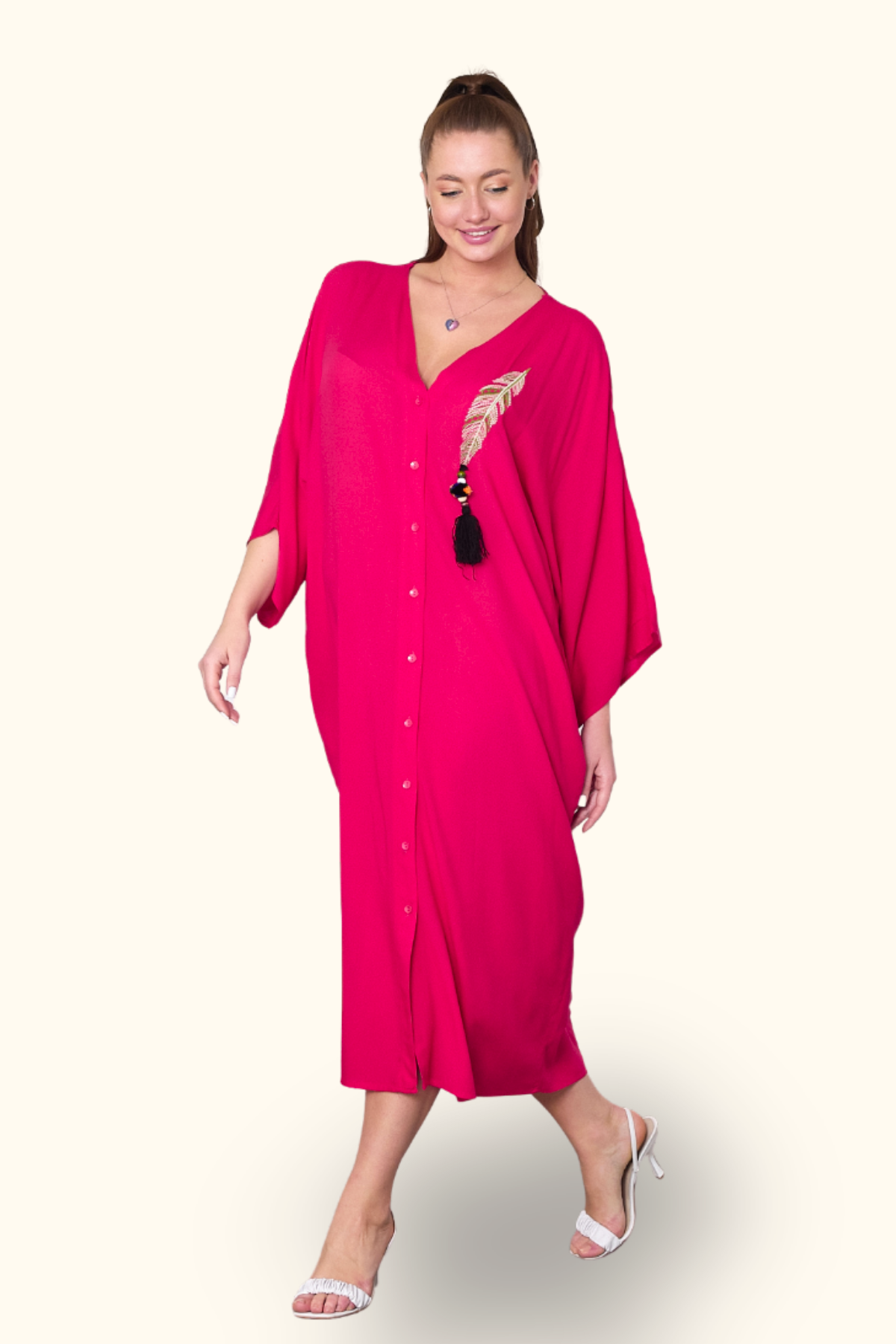 Fuşya V Yaka Tüy Nakışlı Boncuklu Cepli Oversize Uzun Elbise