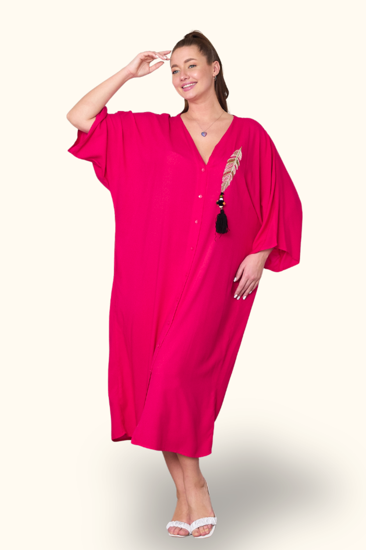 Fuşya V Yaka Tüy Nakışlı Boncuklu Cepli Oversize Uzun Elbise