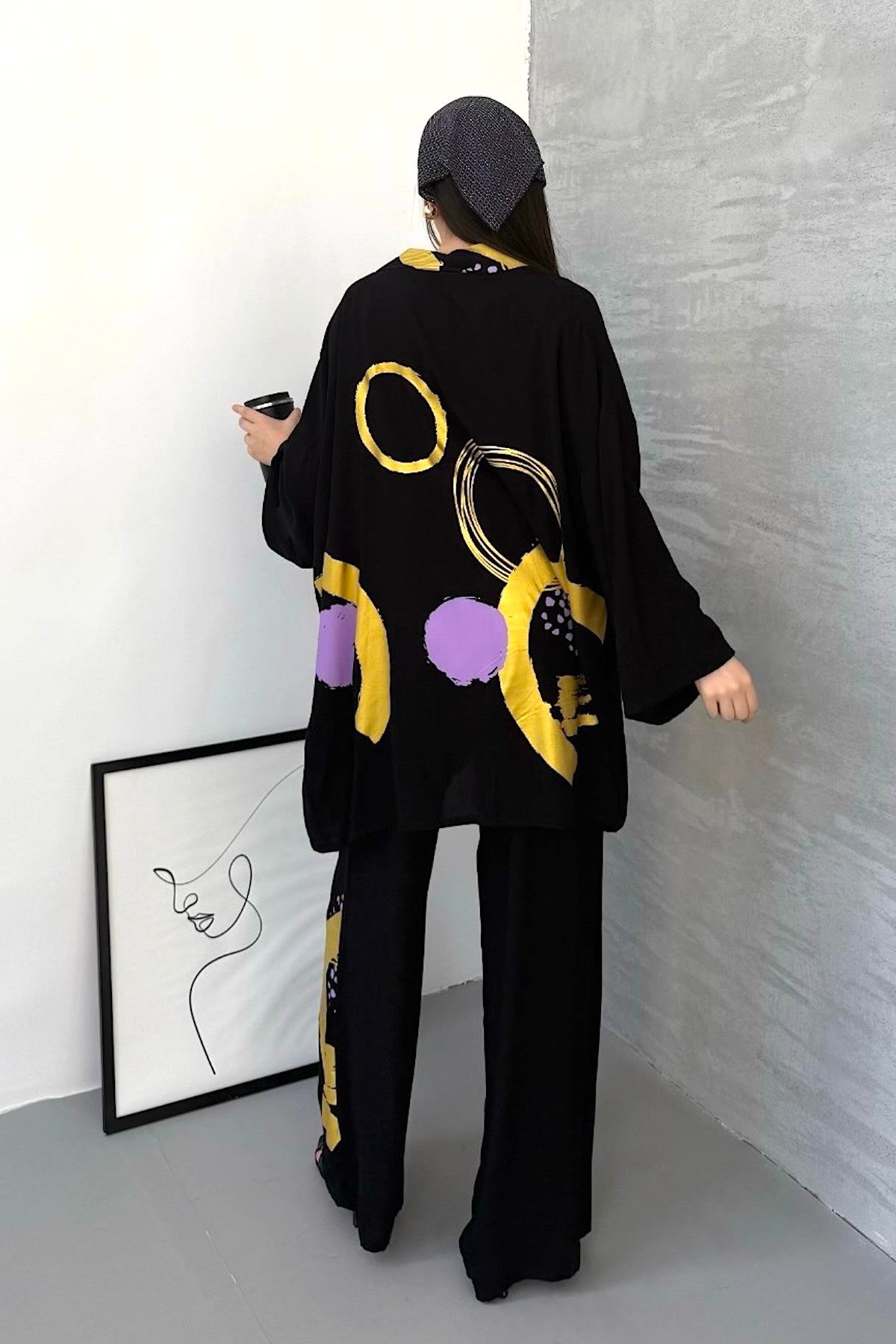 Gold Siyah Sırtı ve Pantolonu Desenli Tunik Bluz Pantolon Üçlü Takım