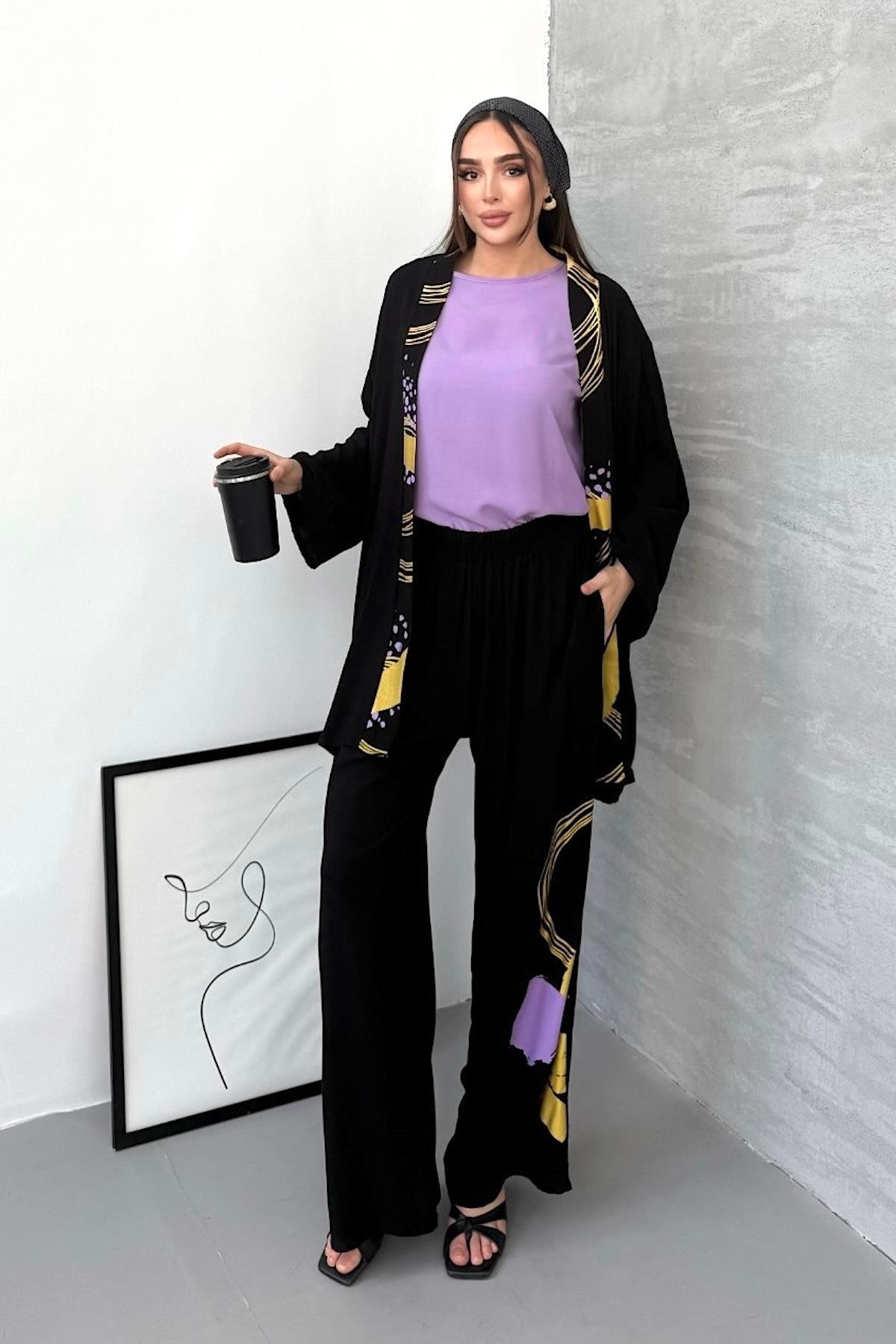 Gold Siyah Sırtı ve Pantolonu Desenli Tunik Bluz Pantolon Üçlü Takım