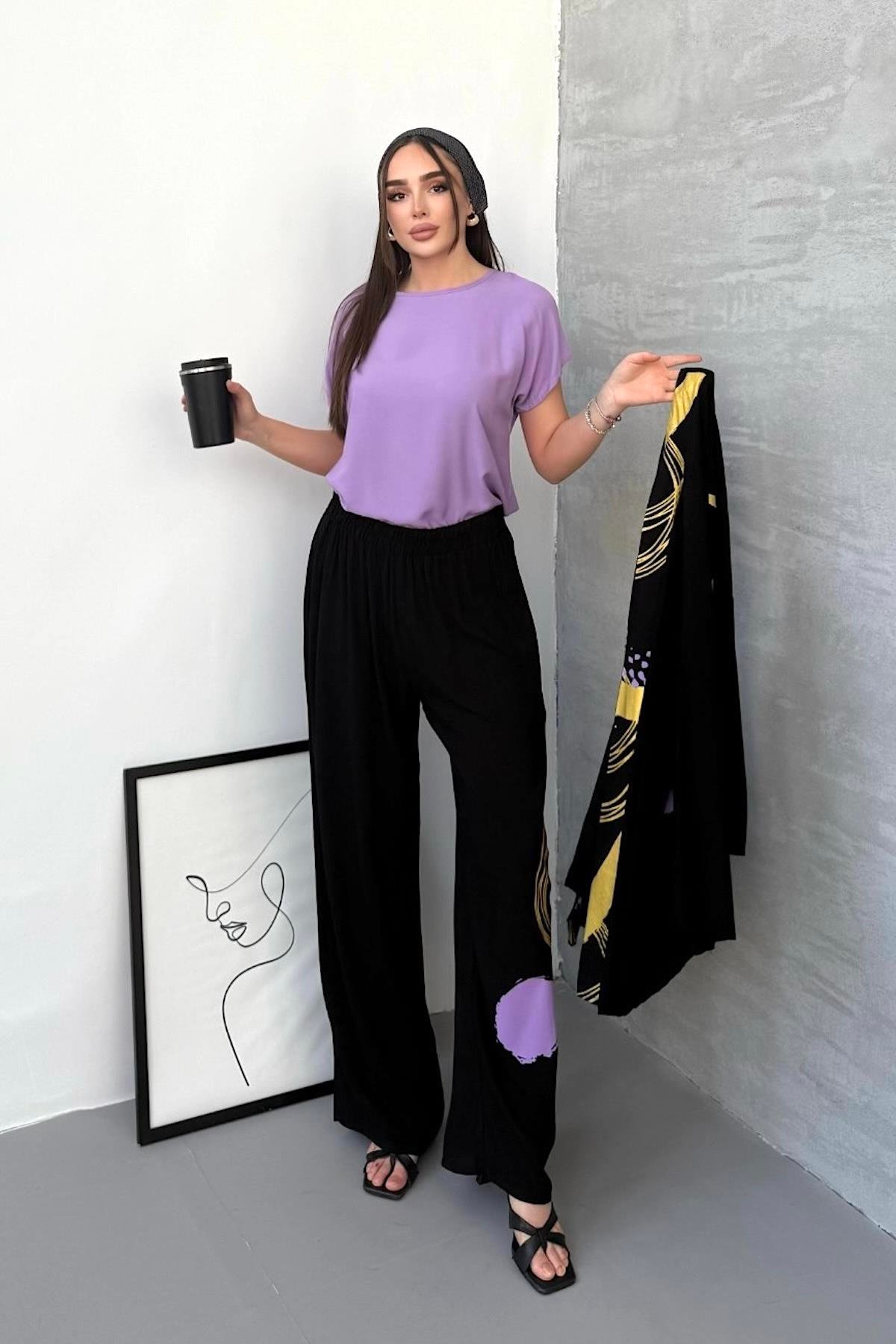 Gold Siyah Sırtı ve Pantolonu Desenli Tunik Bluz Pantolon Üçlü Takım