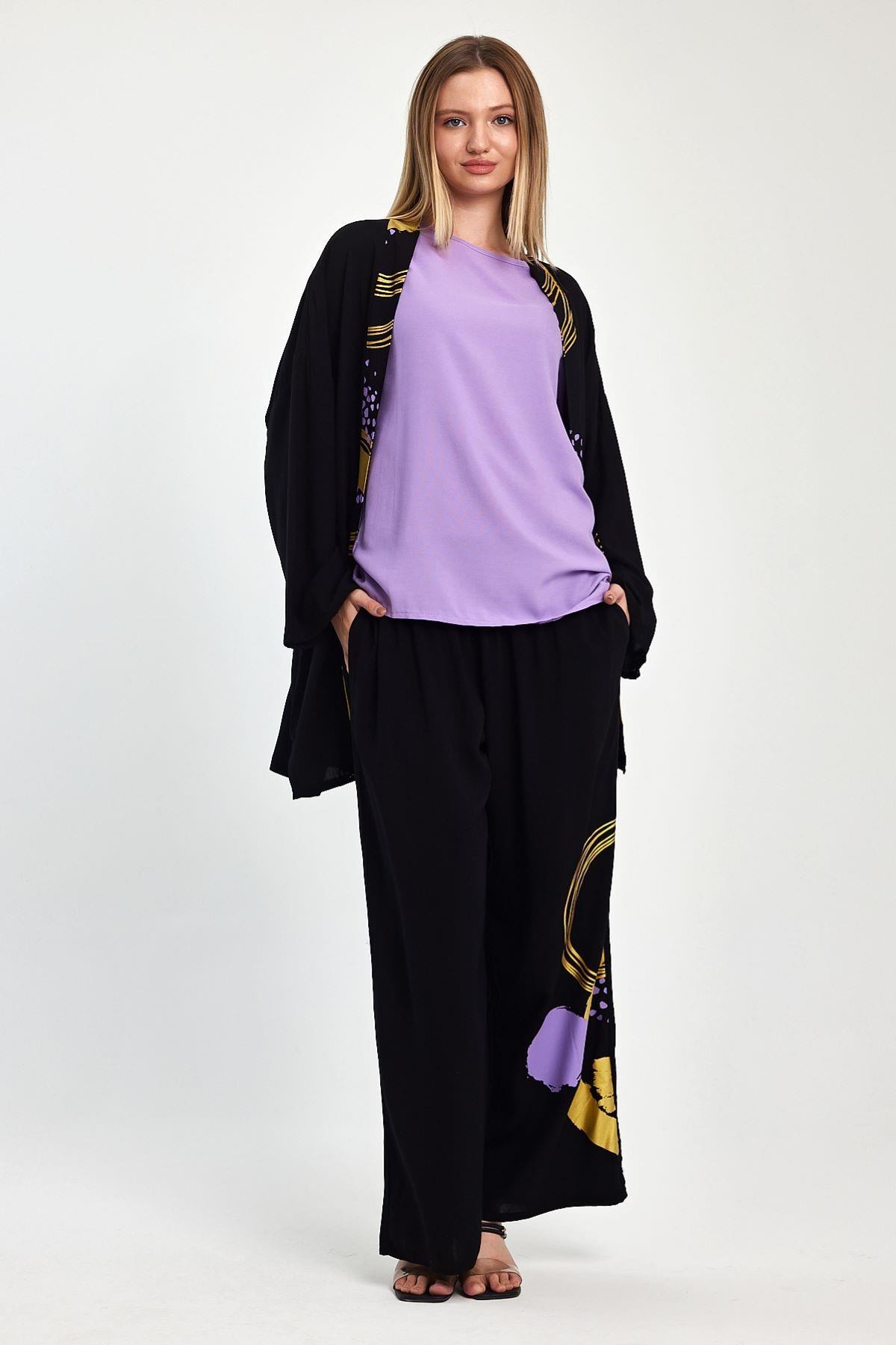 Gold Siyah Sırtı ve Pantolonu Desenli Tunik Bluz Pantolon Üçlü Takım