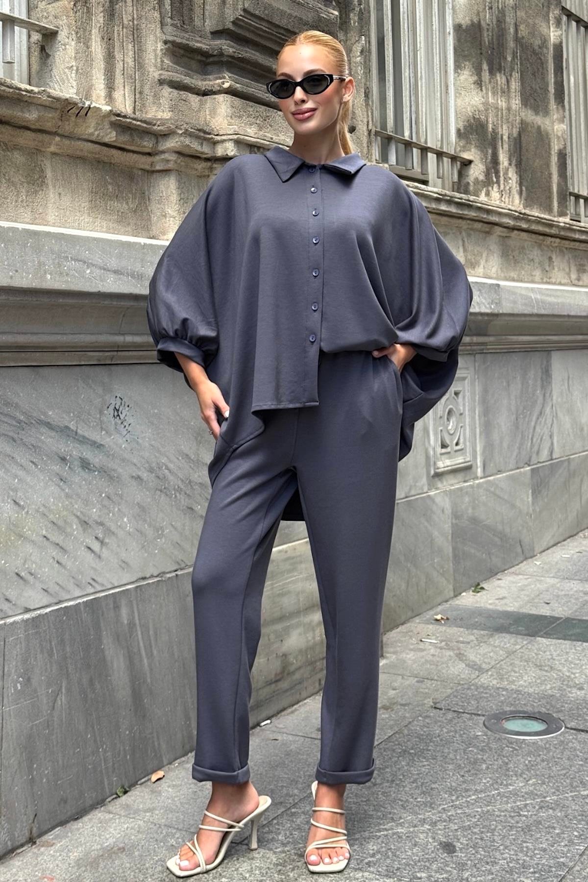 Gri Gömlek Yaka Beli Lastikli Oysho Kumaş İkili Takım