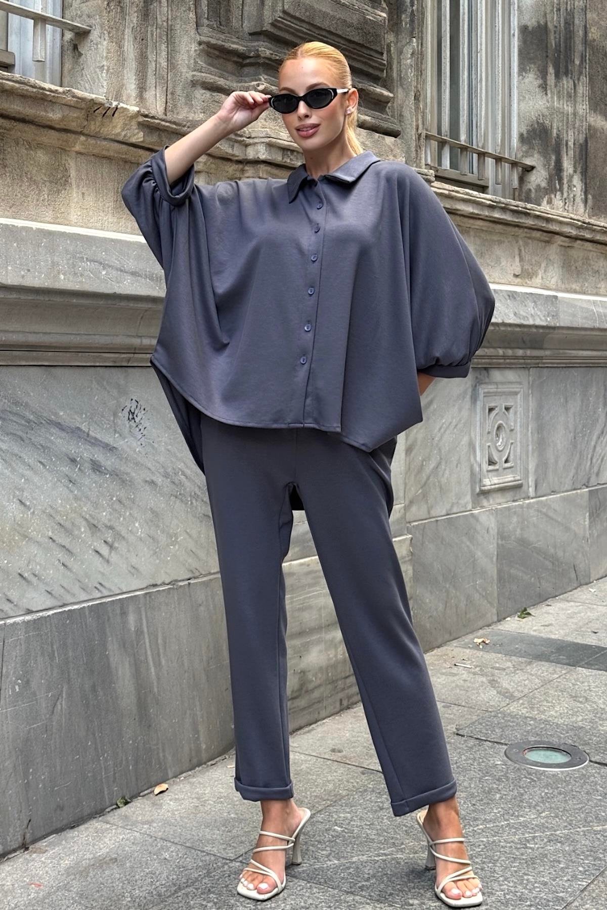 Gri Gömlek Yaka Beli Lastikli Oysho Kumaş İkili Takım