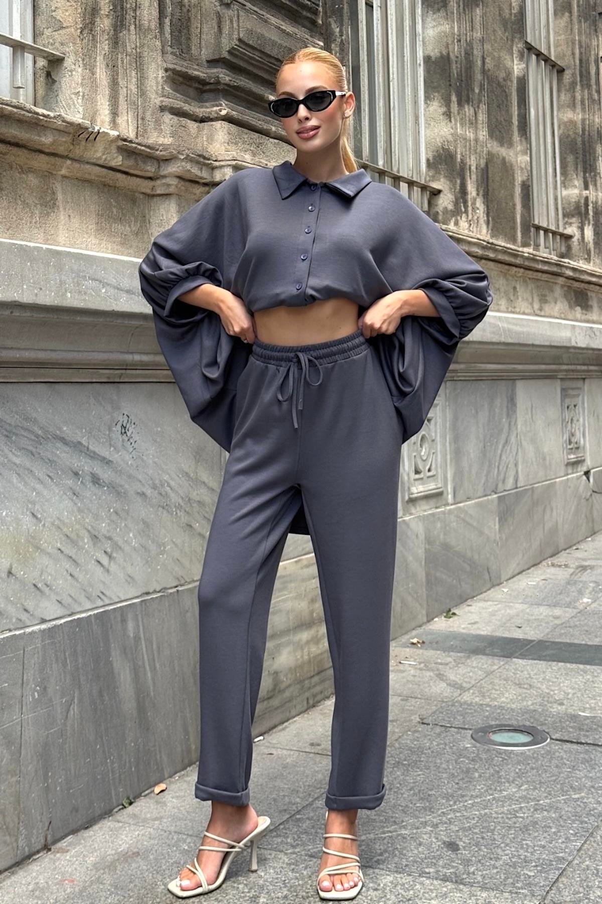 Gri Gömlek Yaka Beli Lastikli Oysho Kumaş İkili Takım
