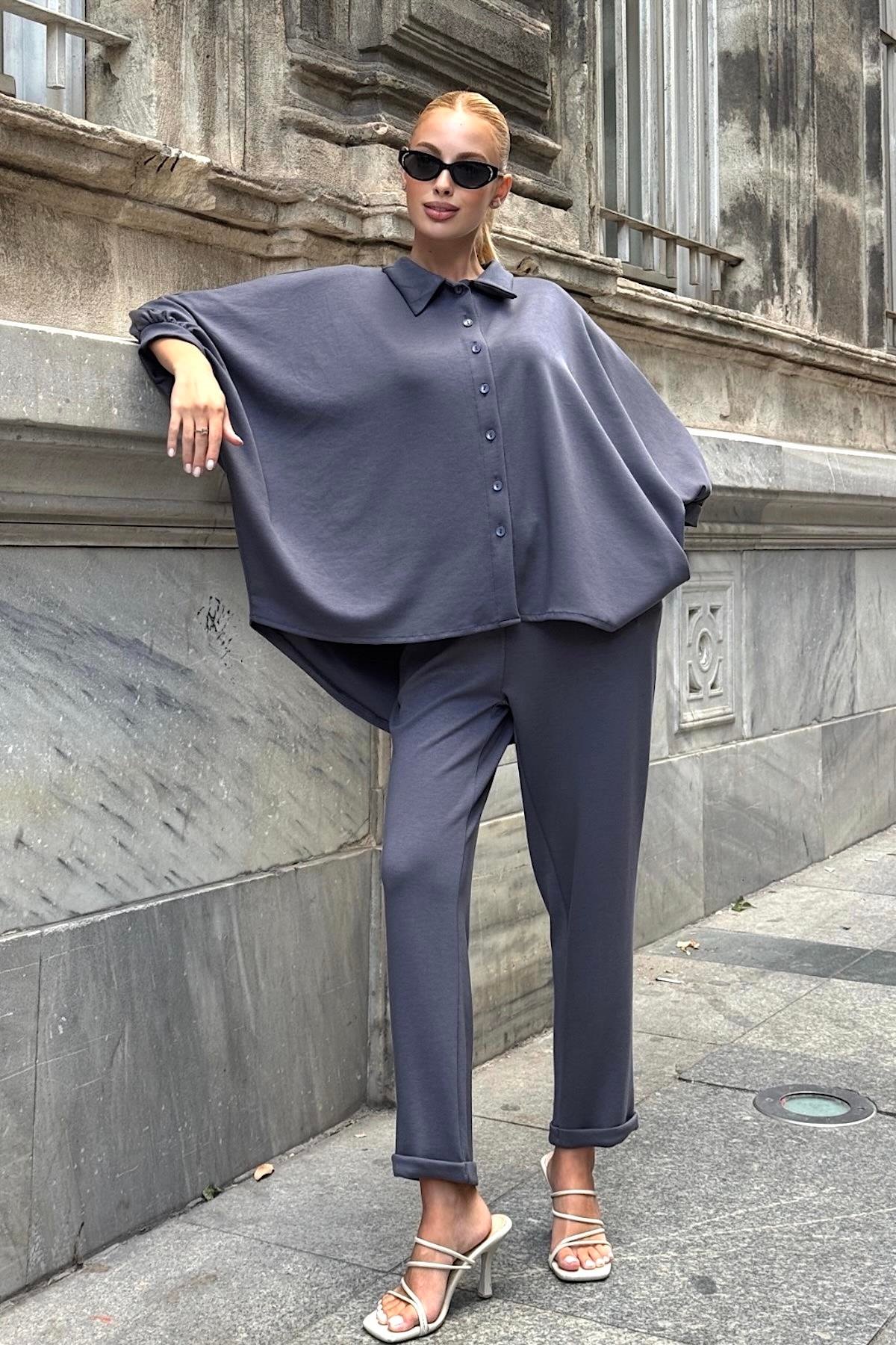 Gri Gömlek Yaka Beli Lastikli Oysho Kumaş İkili Takım