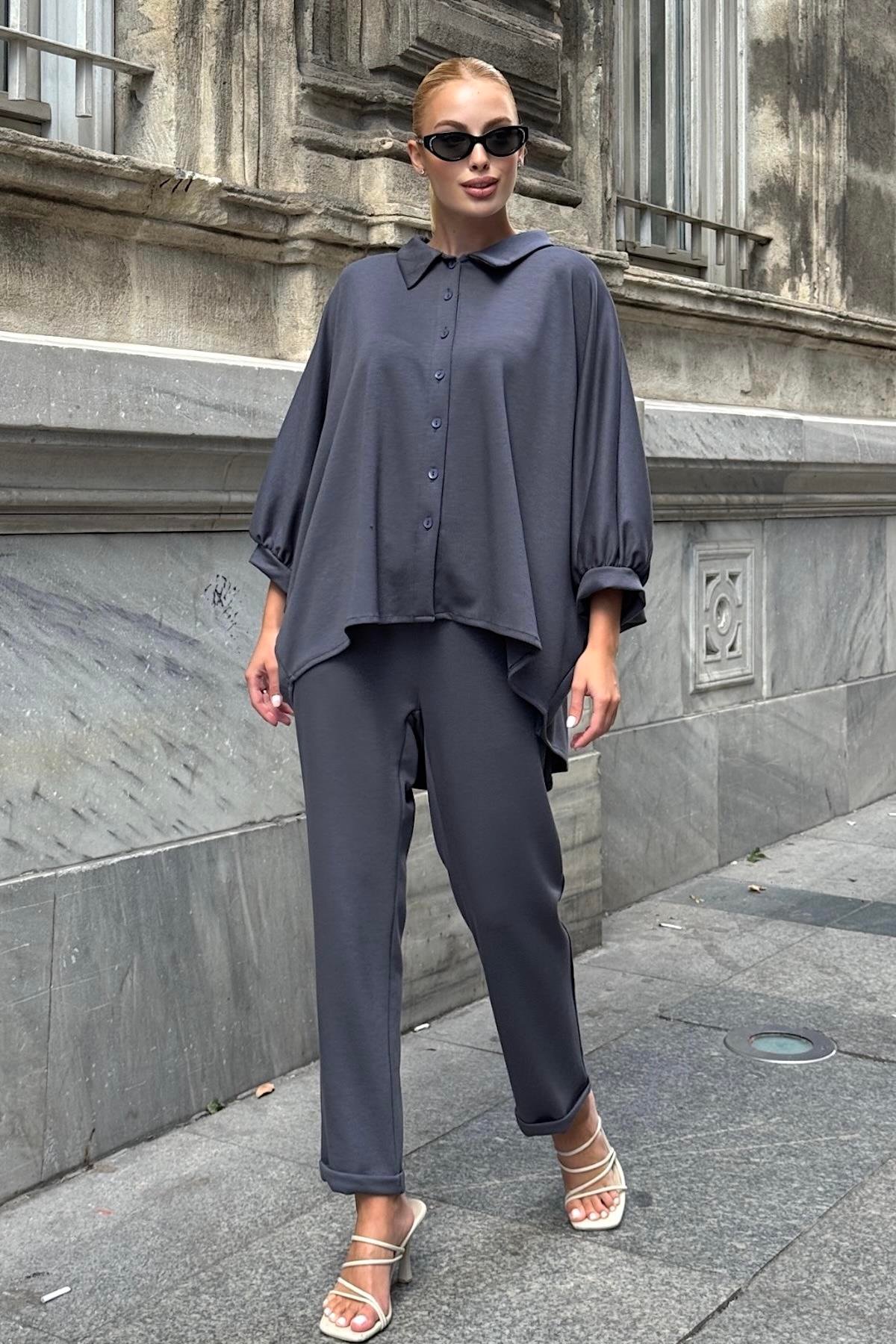 Gri Gömlek Yaka Beli Lastikli Oysho Kumaş İkili Takım