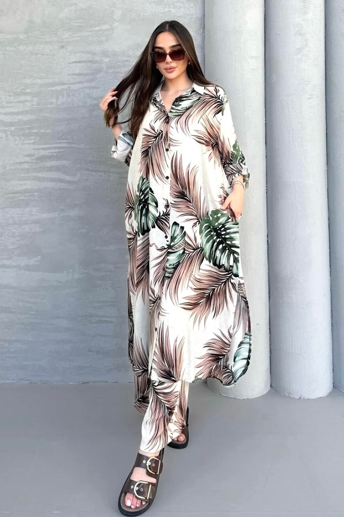 Haki Desenli Cepli Beli Lastikli Gömlek Pantolon Kaftan Takım