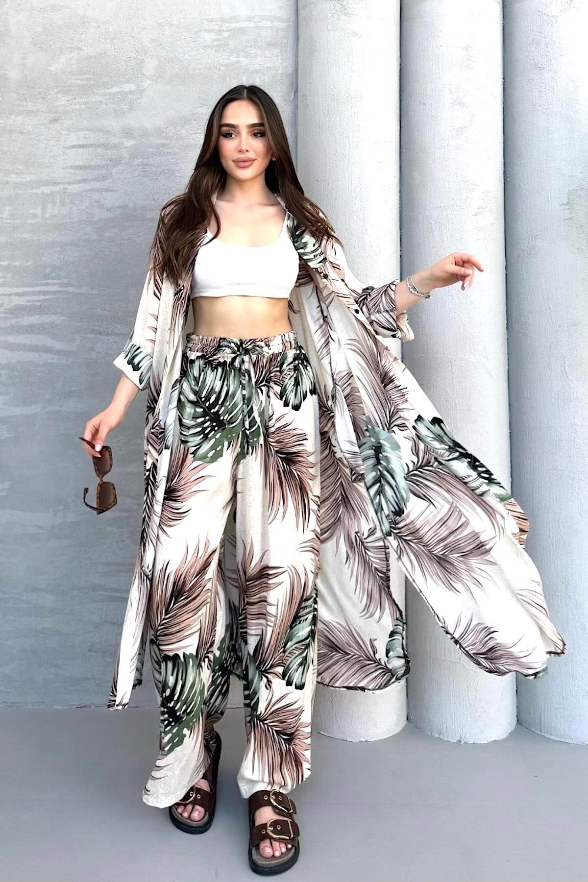 Haki Desenli Cepli Beli Lastikli Gömlek Pantolon Kaftan Takım