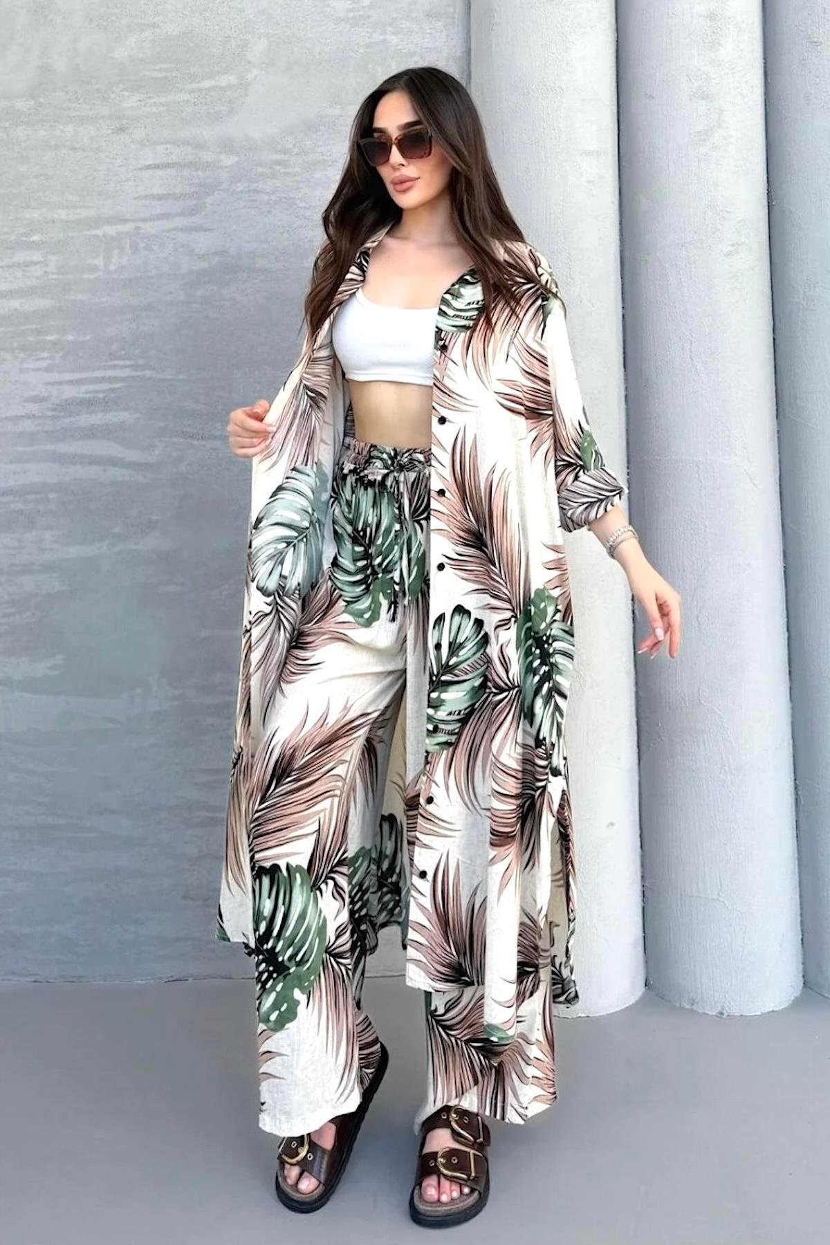 Haki Desenli Cepli Beli Lastikli Gömlek Pantolon Kaftan Takım