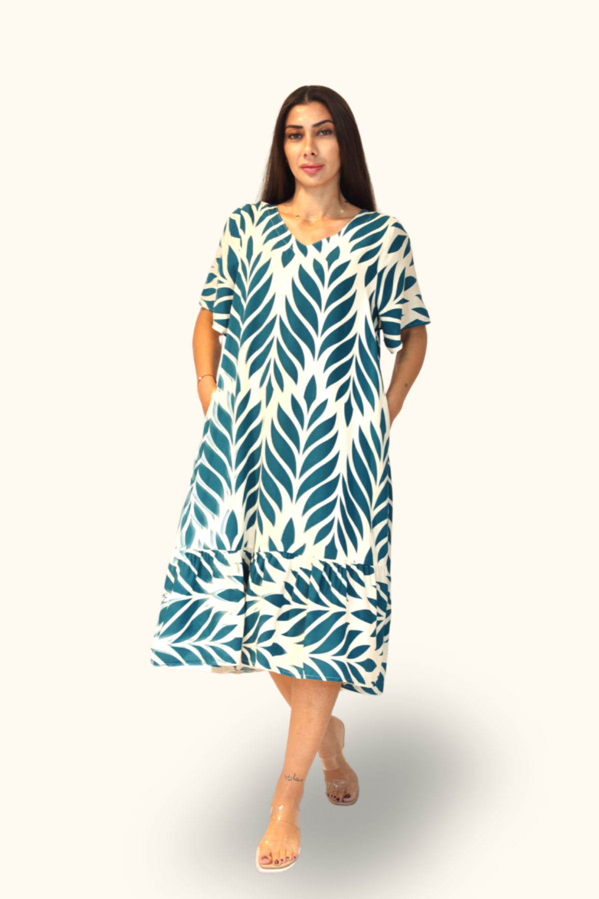 Haki Desenli V Yaka Cepli Etekleri Fırıfırlı Midi Elbise