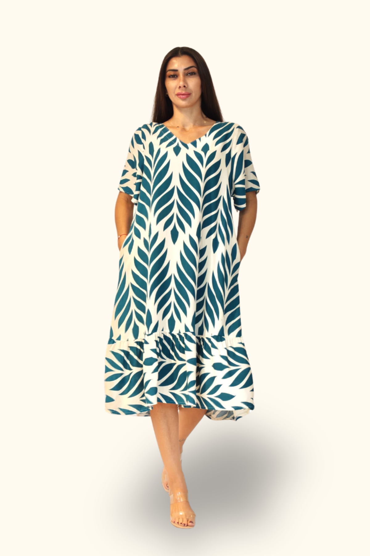 Haki Desenli V Yaka Cepli Etekleri Fırıfırlı Midi Elbise