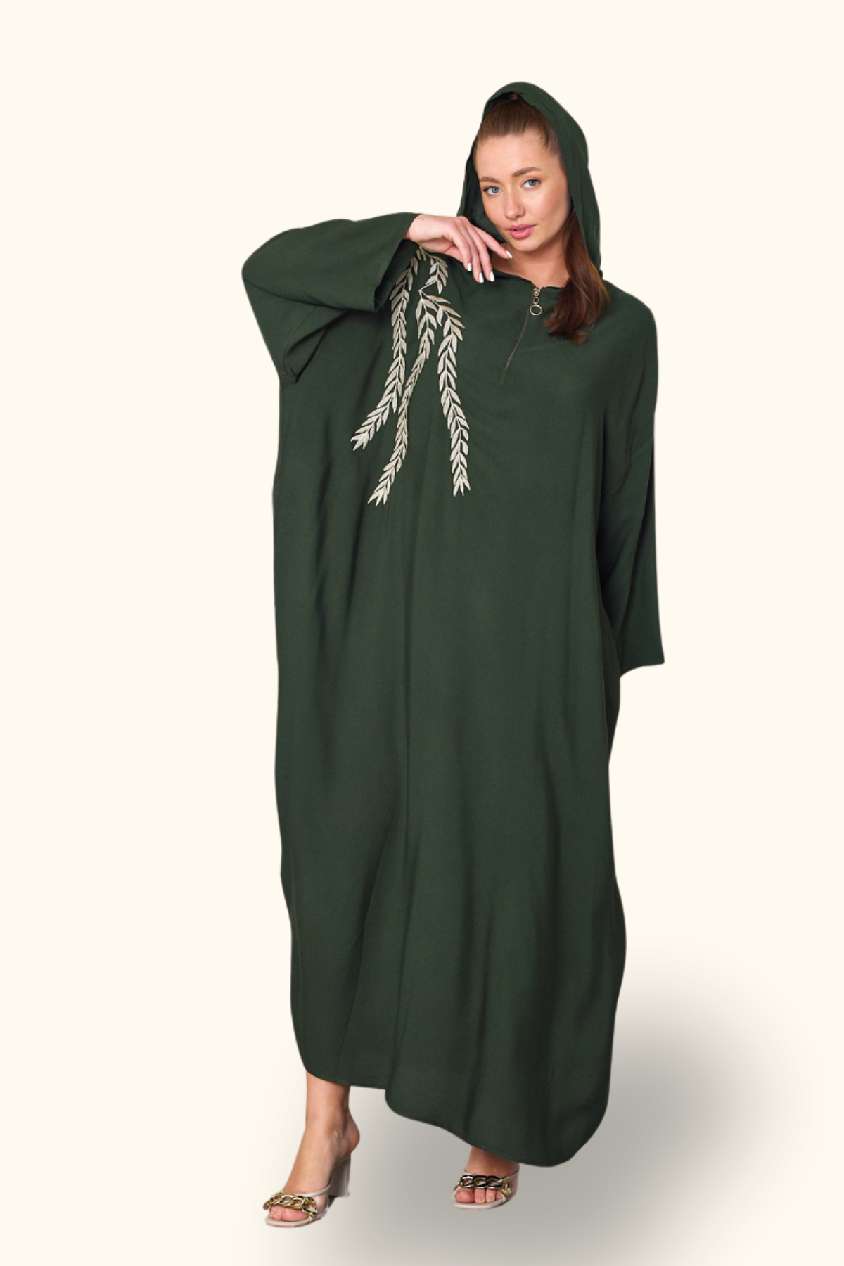 Haki Kapüşonlu Nakışlı Cepli Oversize Uzun Elbise