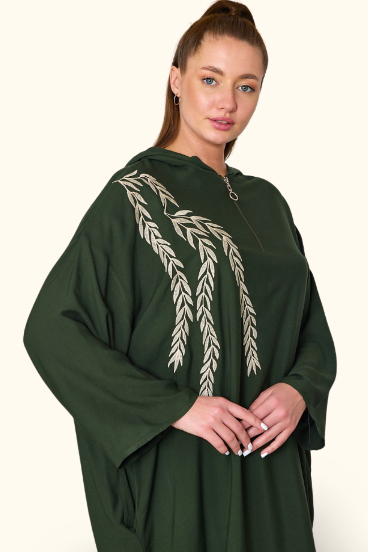 Haki Kapüşonlu Nakışlı Cepli Oversize Uzun Elbise