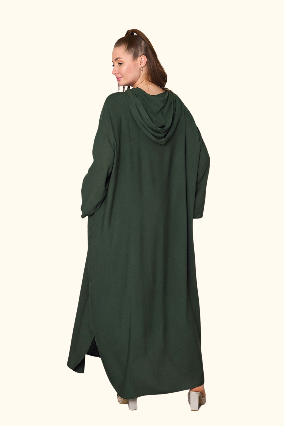 Haki Kapüşonlu Nakışlı Cepli Oversize Uzun Elbise