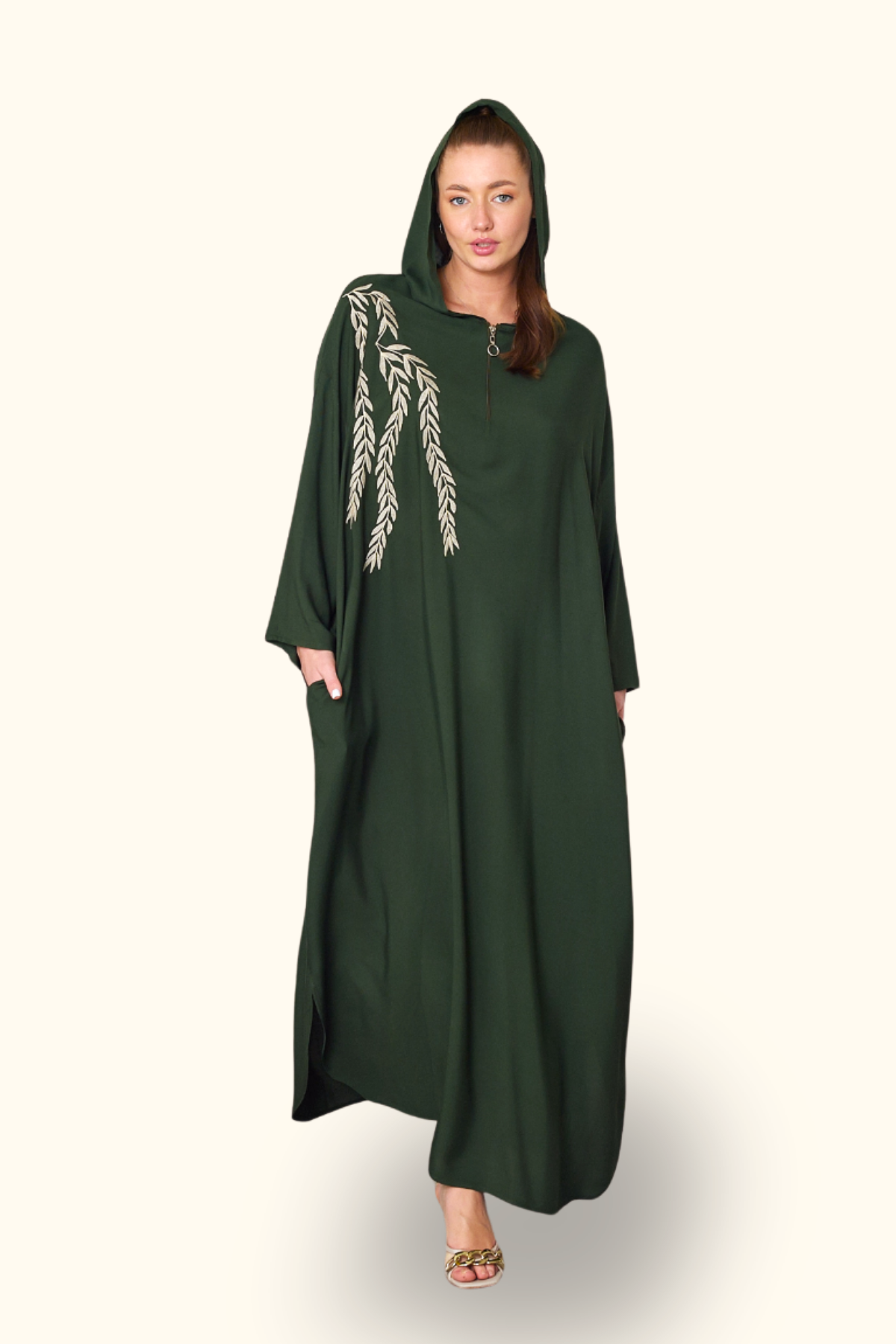 Haki Kapüşonlu Nakışlı Cepli Oversize Uzun Elbise
