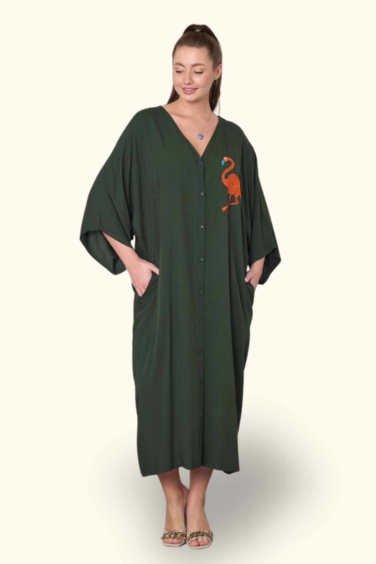 Haki V Yaka Önü ve Sırtı Flamingo Nakışlı Cepli Oversize Uzun Gömlek Elbise