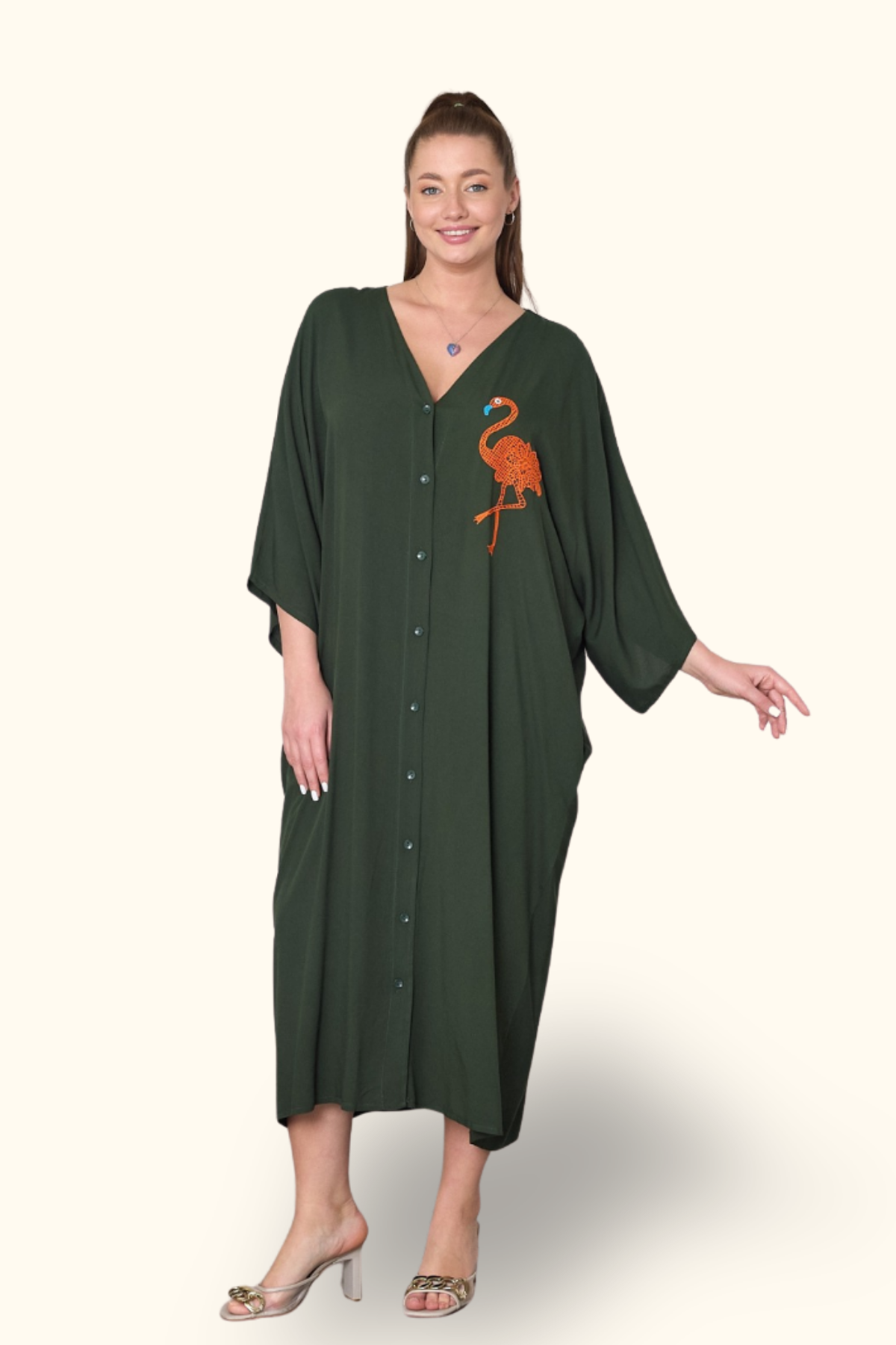 Haki V Yaka Önü ve Sırtı Flamingo Nakışlı Cepli Oversize Uzun Gömlek Elbise