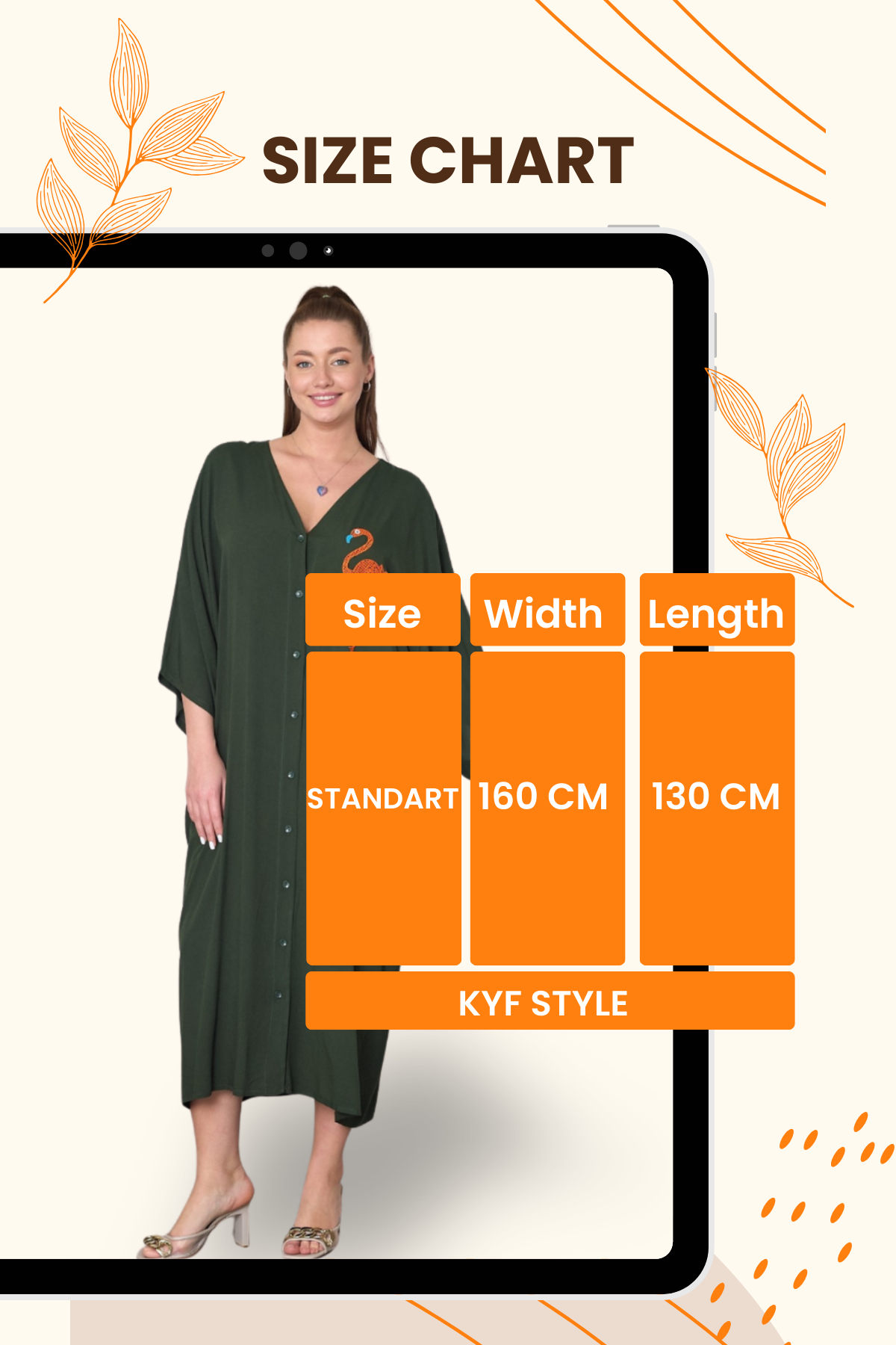 Haki V Yaka Önü ve Sırtı Flamingo Nakışlı Cepli Oversize Uzun Gömlek Elbise