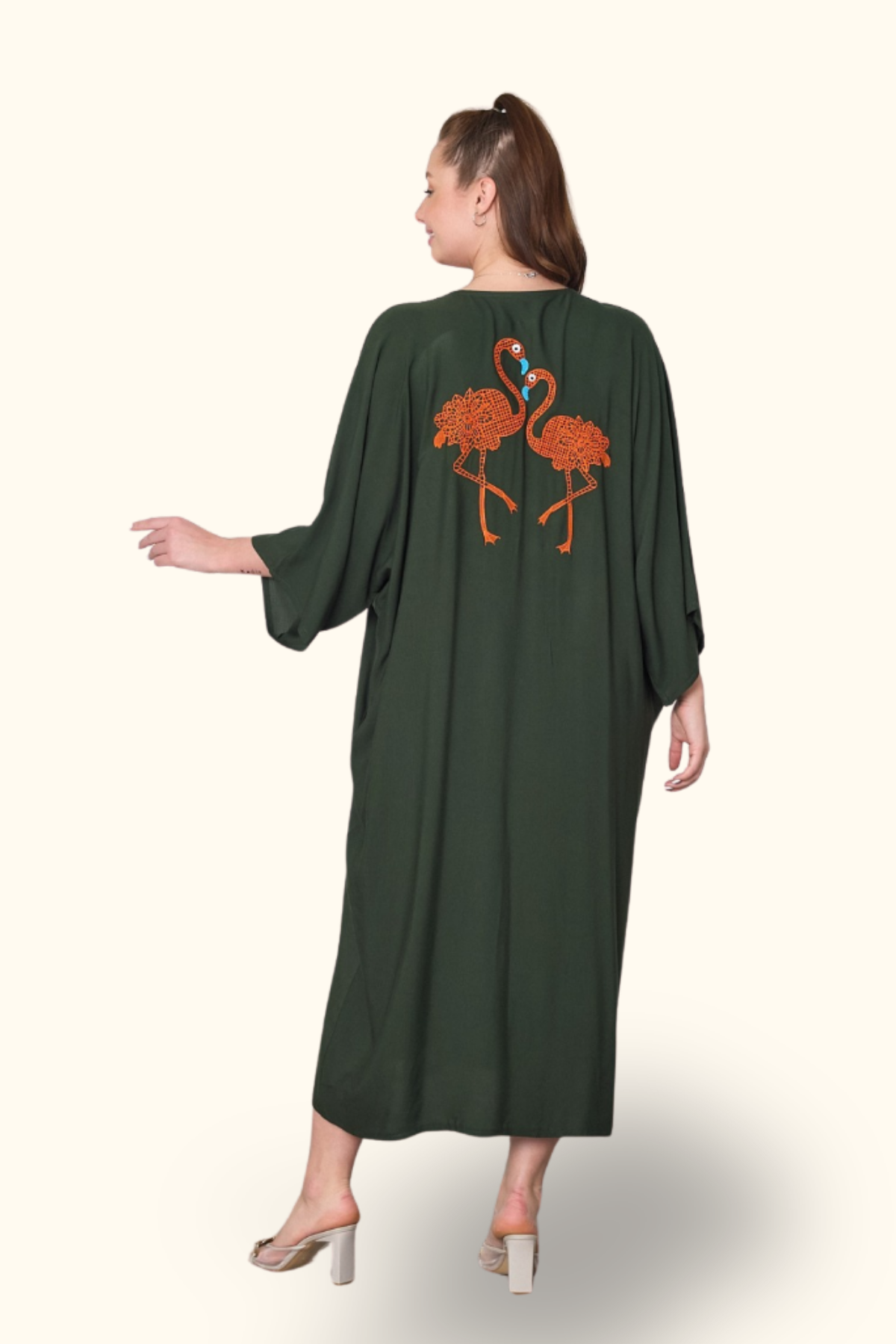 Haki V Yaka Önü ve Sırtı Flamingo Nakışlı Cepli Oversize Uzun Gömlek Elbise