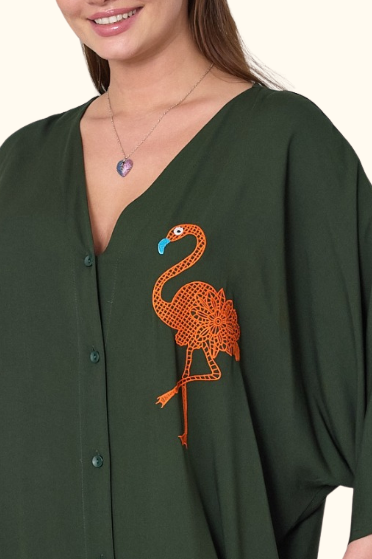 Haki V Yaka Önü ve Sırtı Flamingo Nakışlı Cepli Oversize Uzun Gömlek Elbise