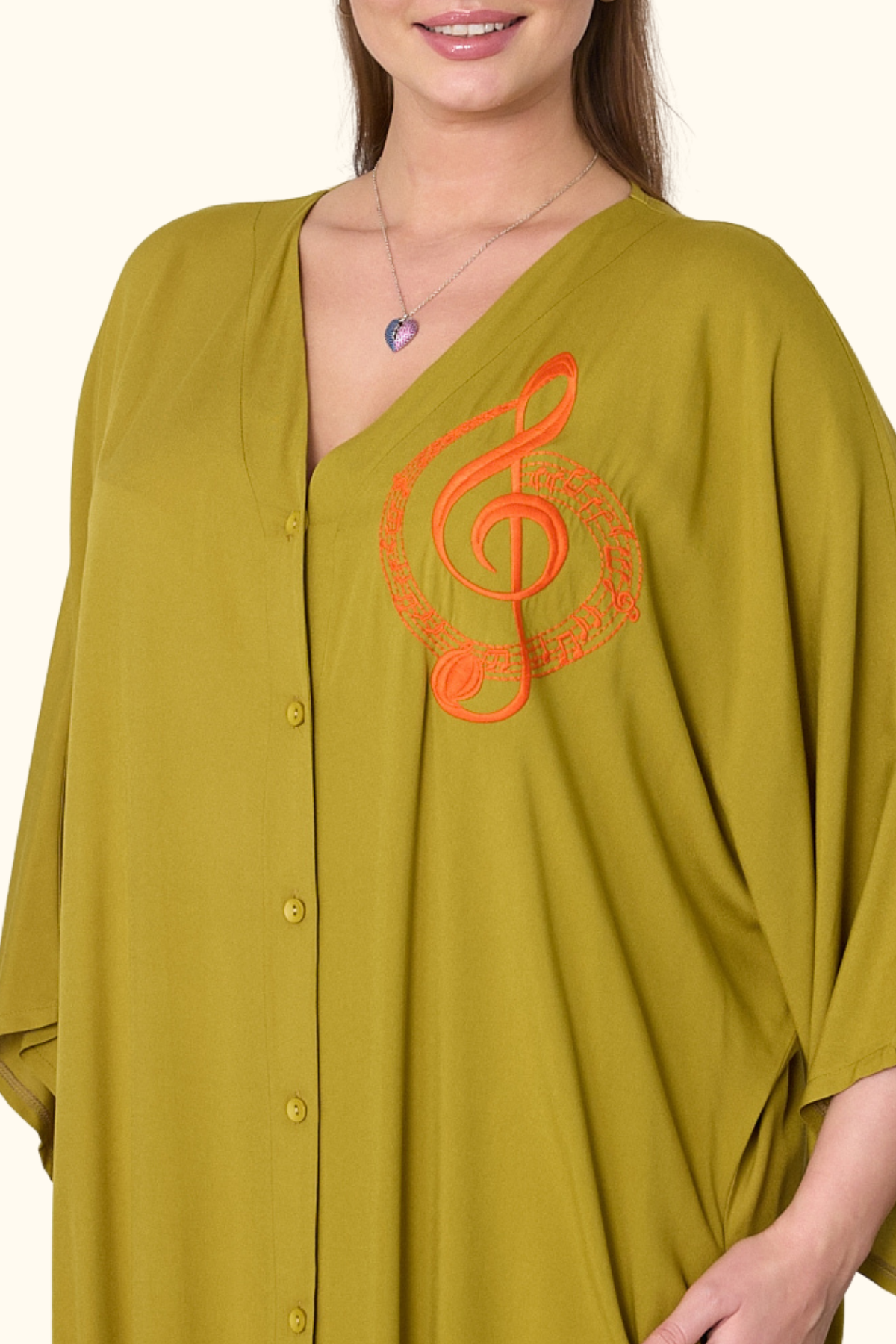 Hardal Rengi V Yaka Göğsü Nota Nakışlı Cepli Oversize Uzun Gömlek Elbise