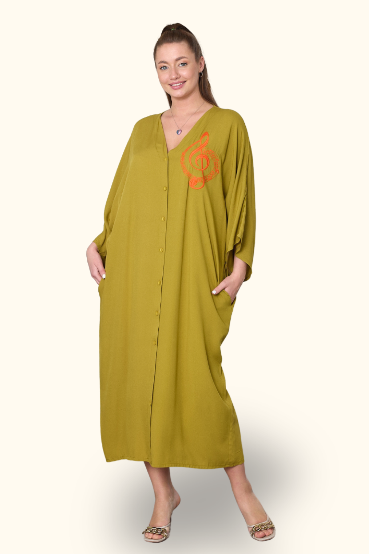 Hardal Rengi V Yaka Göğsü Nota Nakışlı Cepli Oversize Uzun Gömlek Elbise