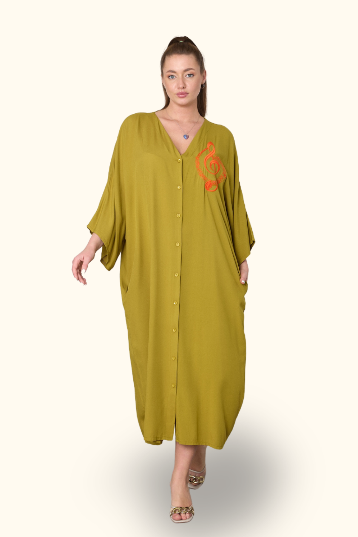 Hardal Rengi V Yaka Göğsü Nota Nakışlı Cepli Oversize Uzun Gömlek Elbise