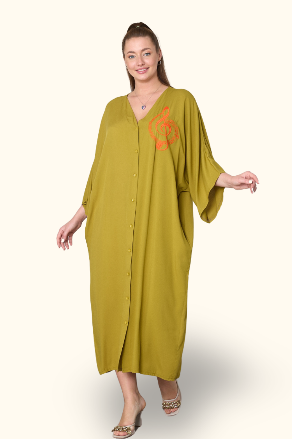 Hardal Rengi V Yaka Göğsü Nota Nakışlı Cepli Oversize Uzun Gömlek Elbise