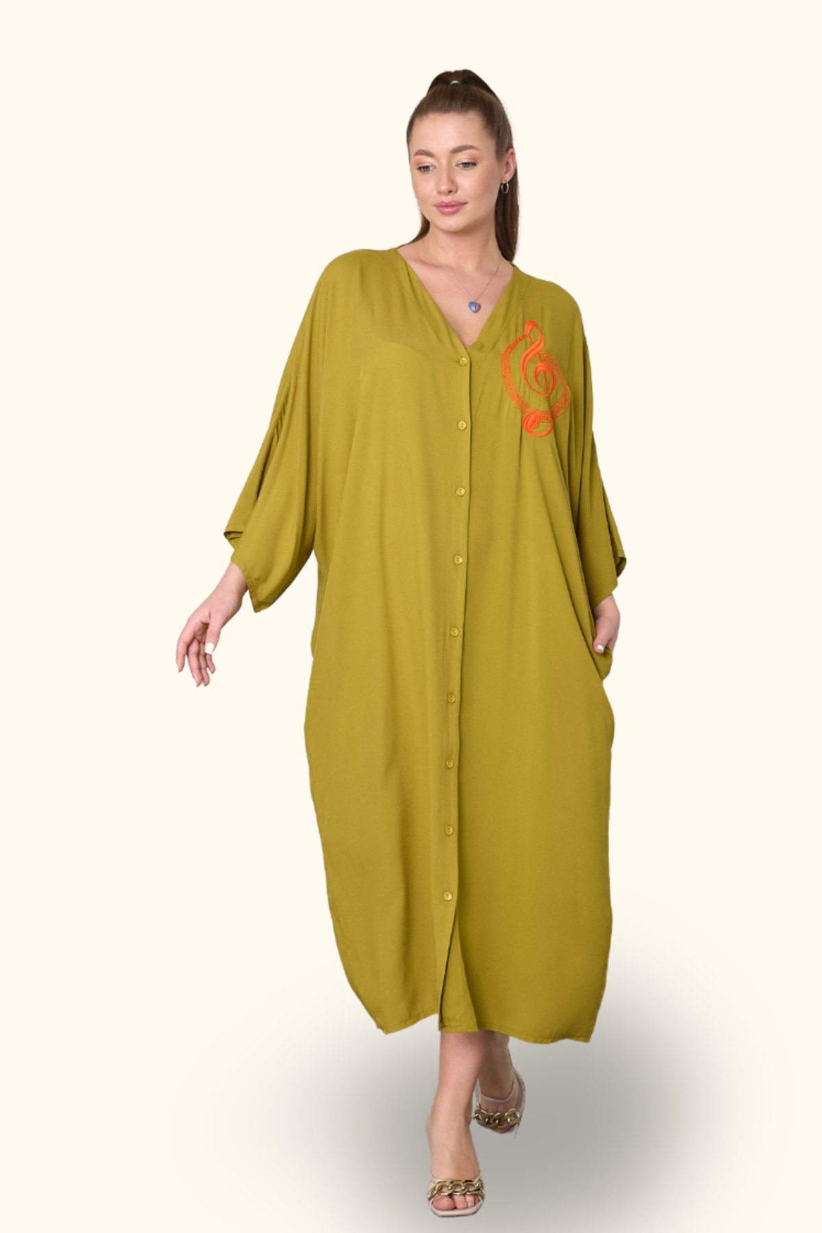 Hardal Rengi V Yaka Göğsü Nota Nakışlı Cepli Oversize Uzun Gömlek Elbise