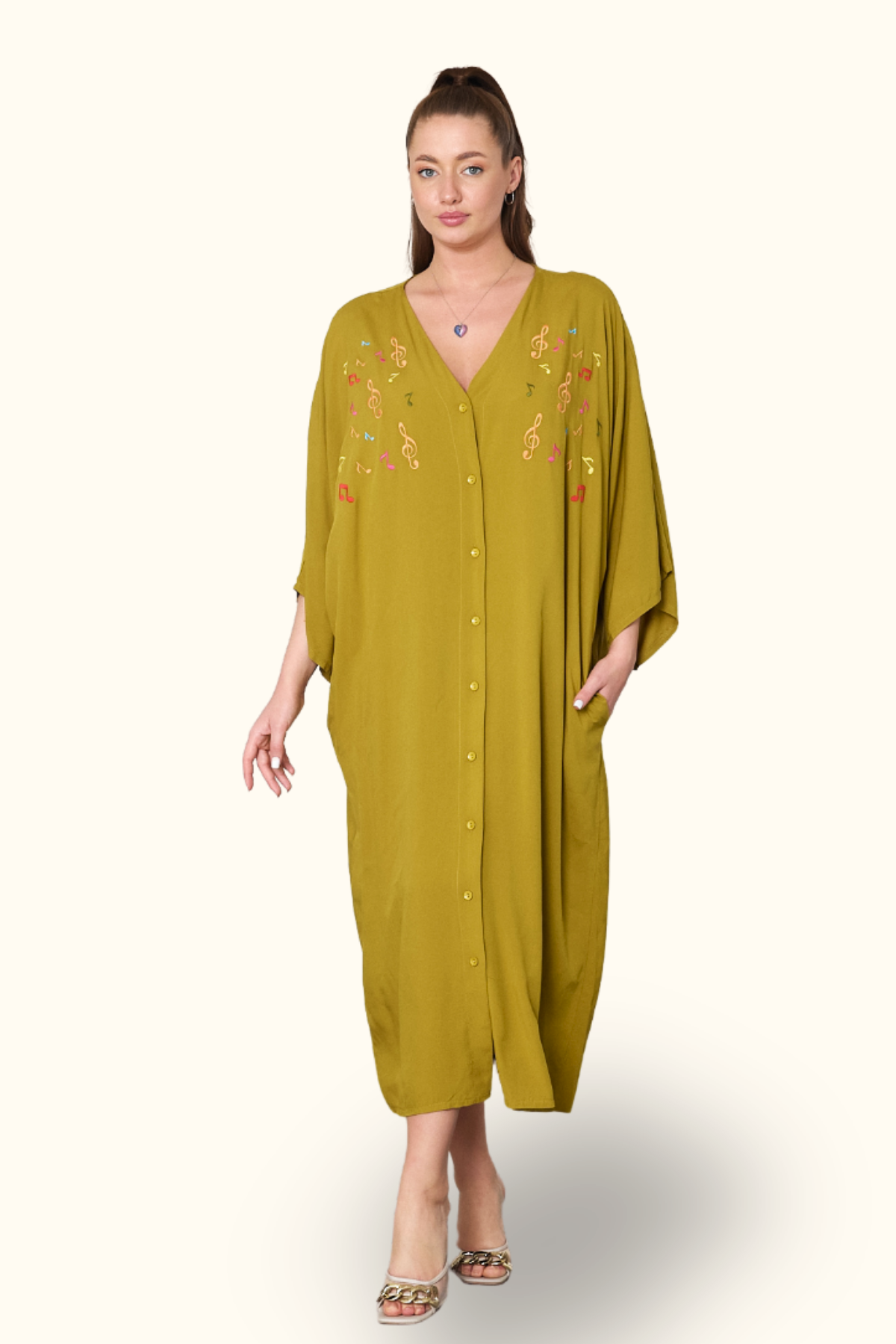 Hardal Rengi V Yaka Önü Nota Nakışlı Cepli Oversize Uzun Gömlek Elbise