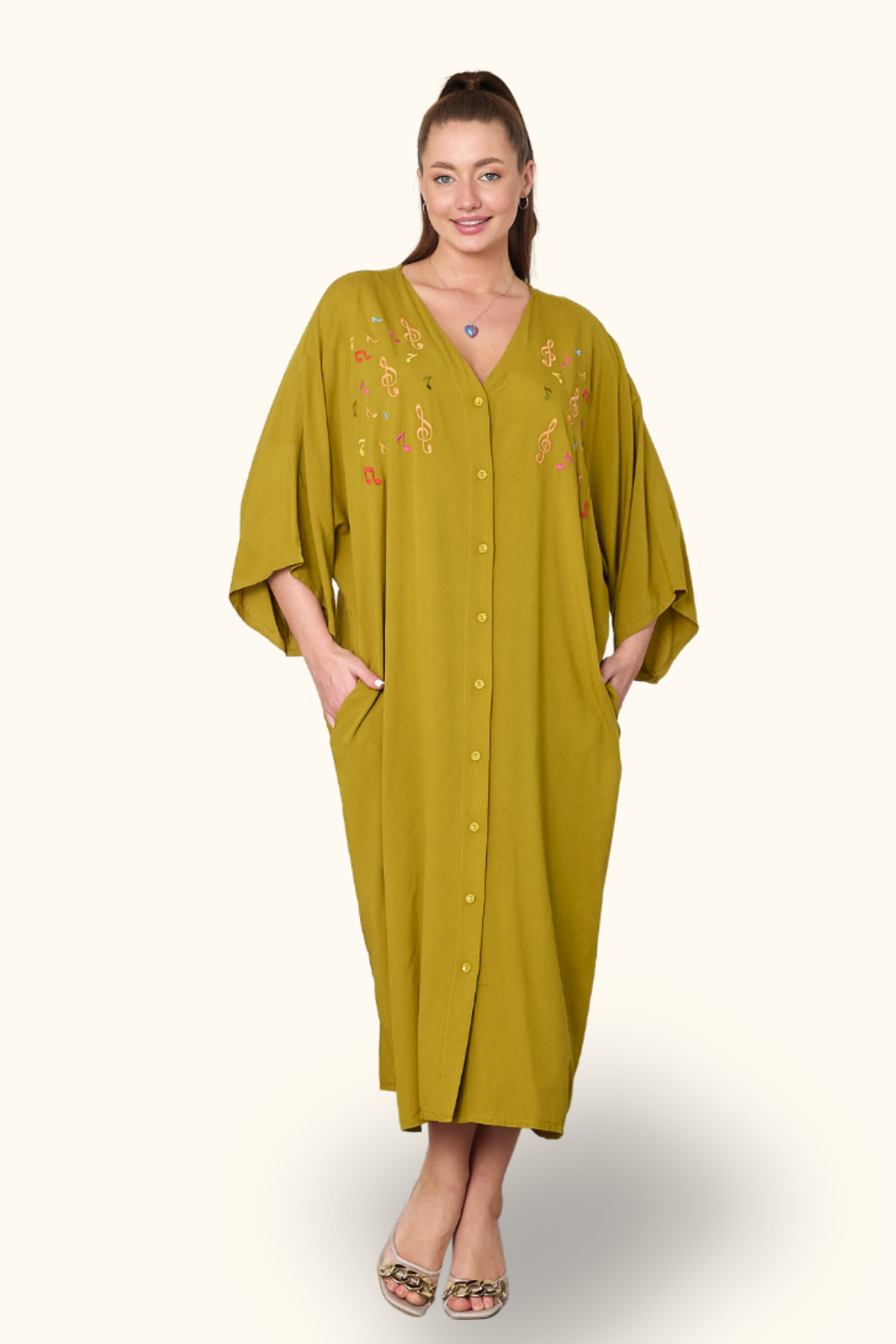 Hardal Rengi V Yaka Önü Nota Nakışlı Cepli Oversize Uzun Gömlek Elbise