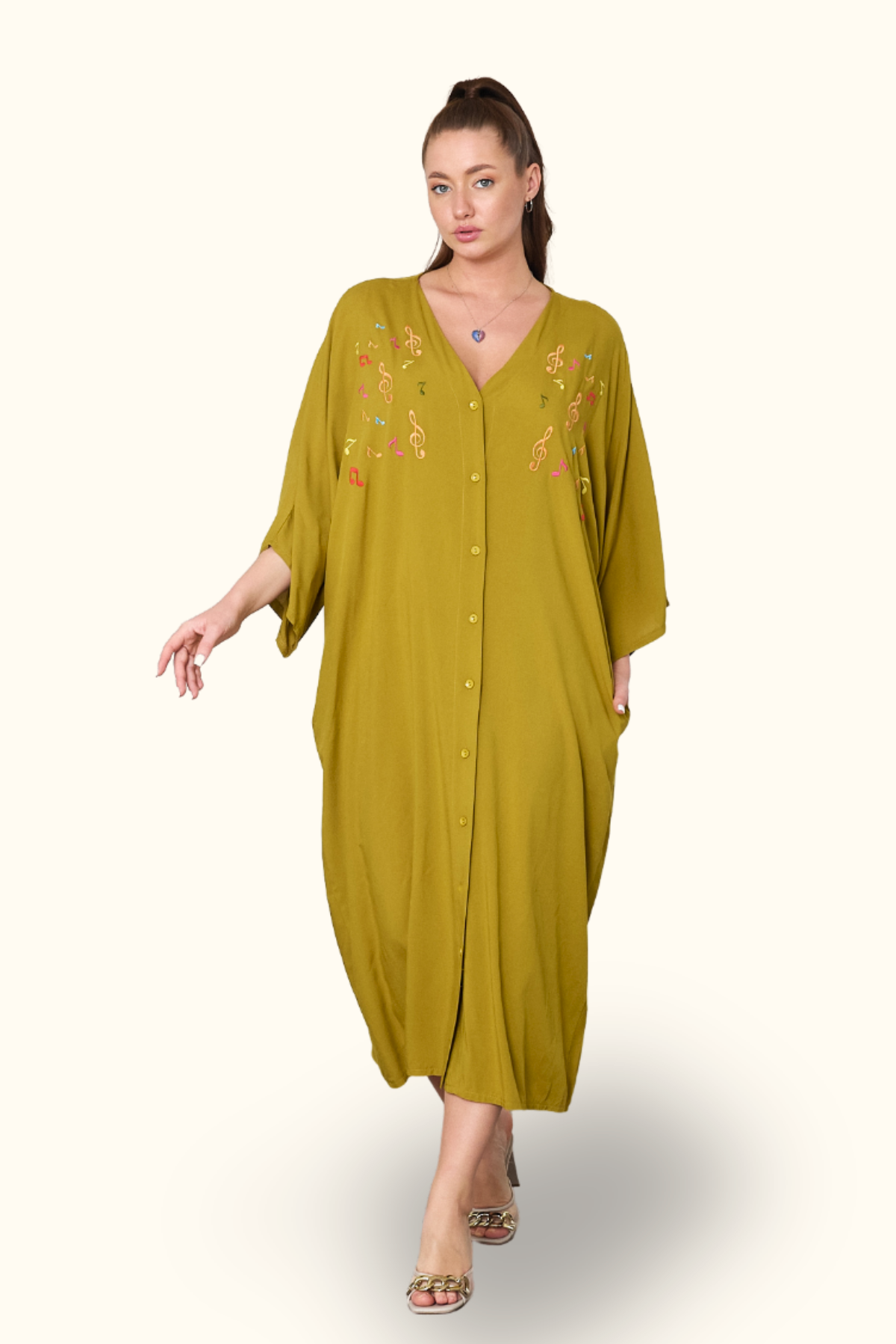 Hardal Rengi V Yaka Önü Nota Nakışlı Cepli Oversize Uzun Gömlek Elbise